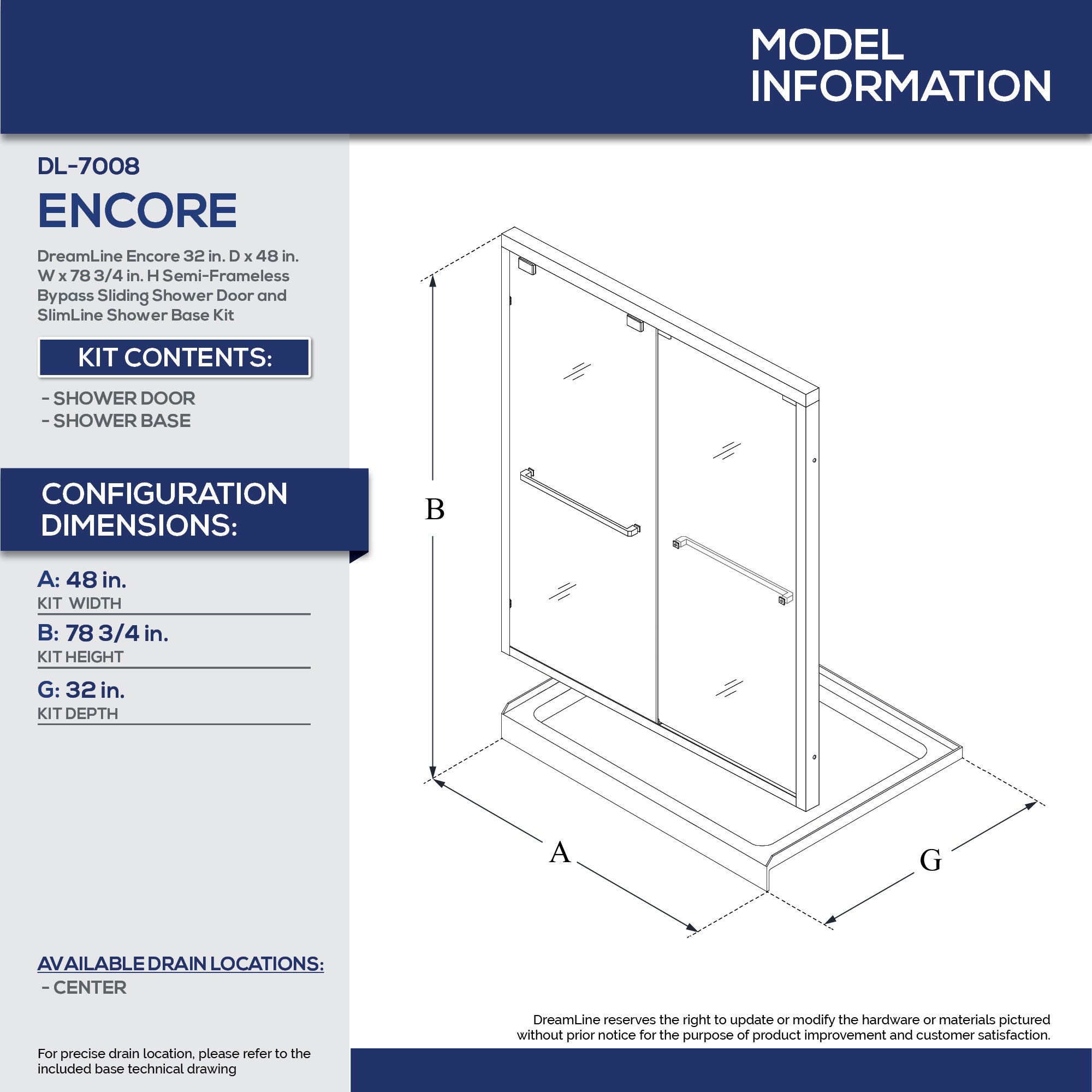 DreamLine Encore 32" D x 48" W Shower Door and Base