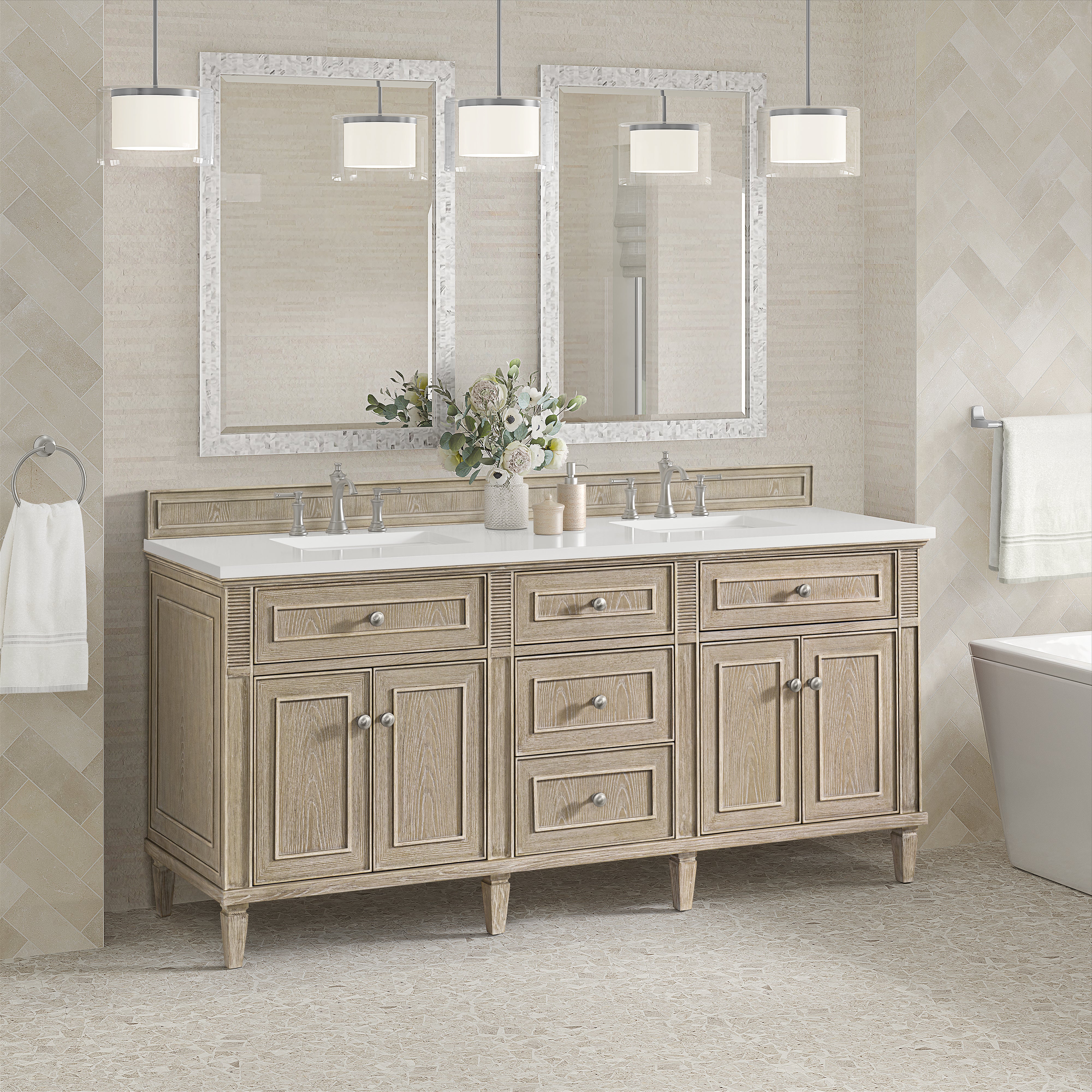 James Martin Lorelai 72" Double Vanity in Whitewashed Oak with 3cm Countertop