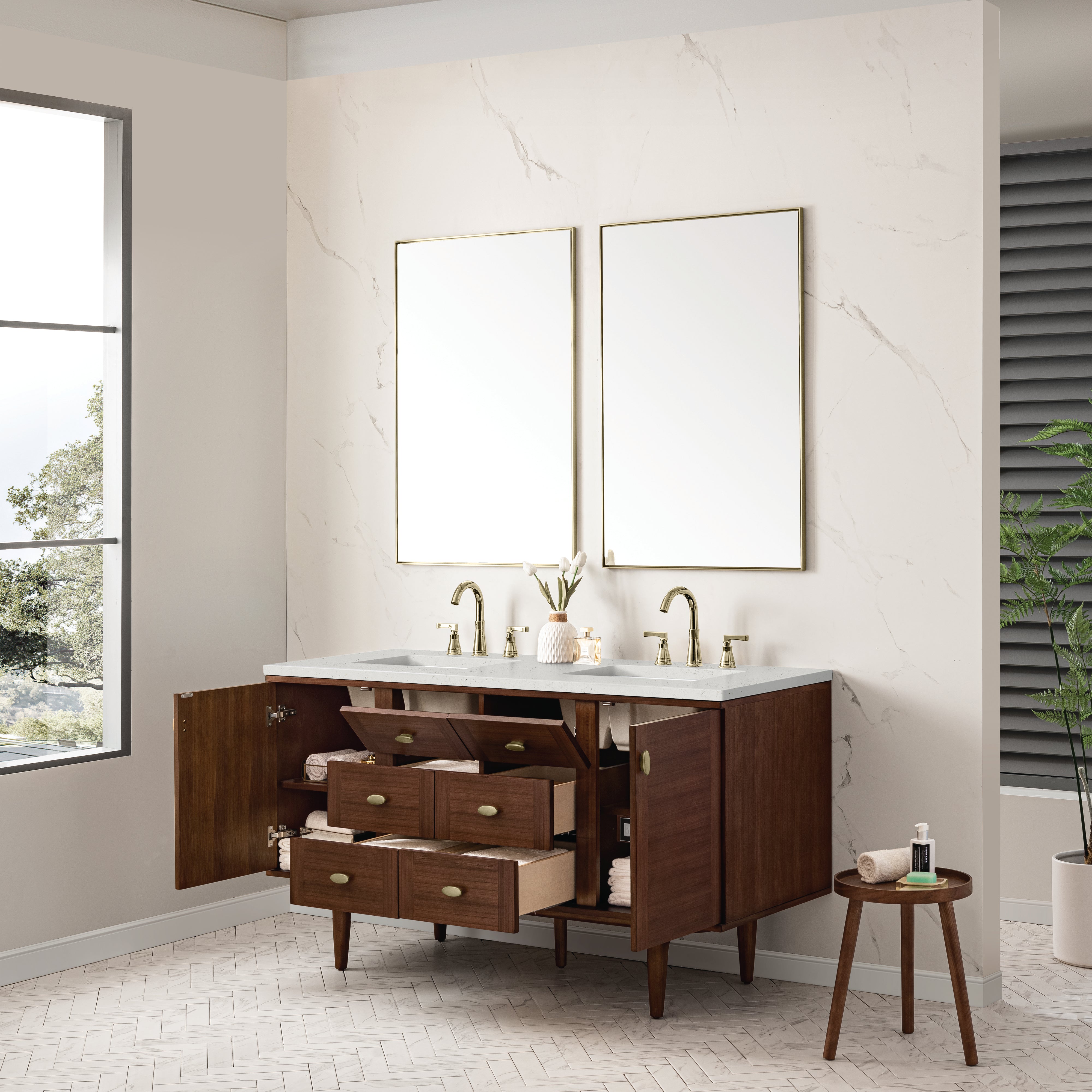 James Martin Amberly 60" Double Vanity in Mid-Century Walnut with 3cm Countertop
