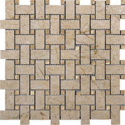 Bursa Beige Polished Marble Mosaic Basketweave With Light Emperador Dot 1"X2"