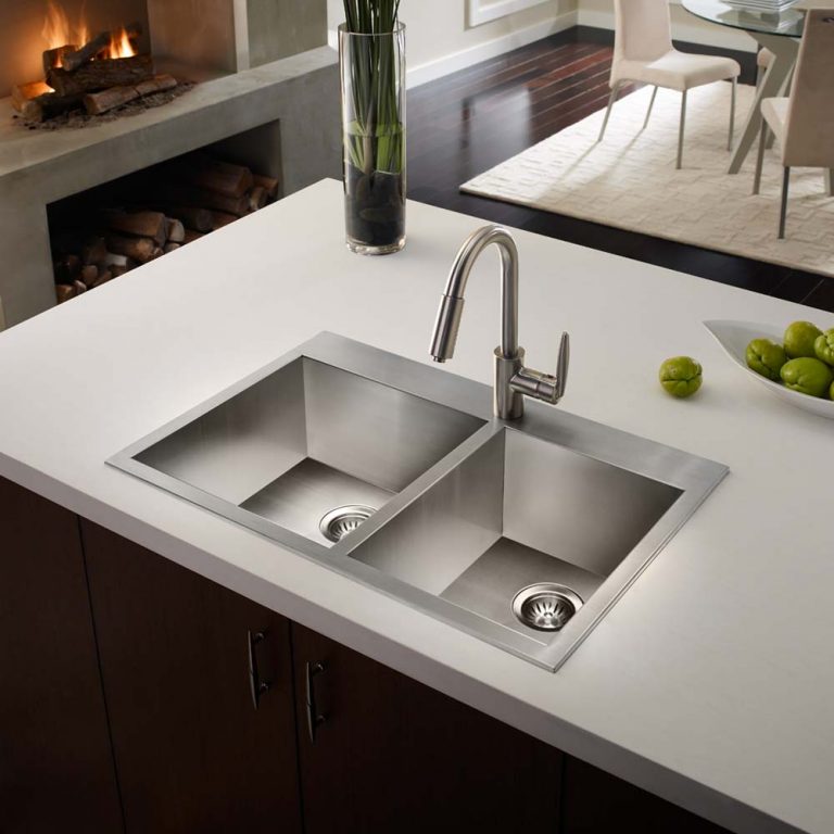 Houzer Bellus 33" Stainless Steel Drop-in Topmount 1-hole 60/40 Double Bowl Kitchen Sink with Strainer & Grids