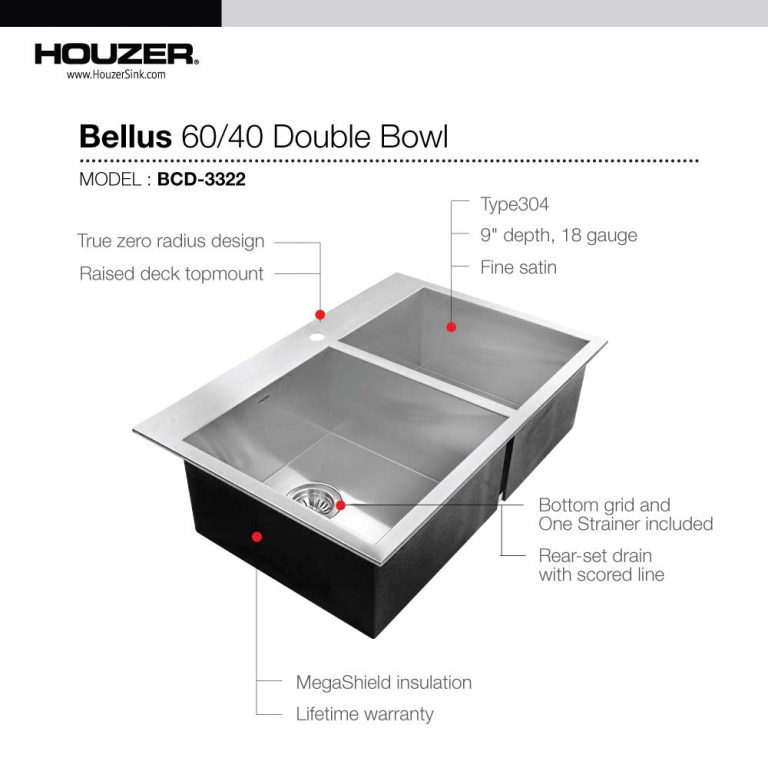 Houzer Bellus 33" Stainless Steel Drop-in Topmount 1-hole 60/40 Double Bowl Kitchen Sink with Strainer & Grids