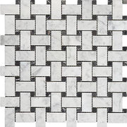 Bianco Carrara Honed Marble Mosaic Basketweave With Black Dot 1"X2"