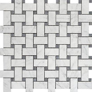 Bianco Carrara Honed Marble Mosaic Basketweave With Gray Dot 1"X2"