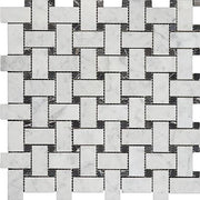 Bianco Carrara Polished Marble Mosaic Basketweave With Black Dot 1"X2"