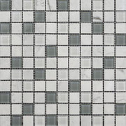 Bianco Carrara Polished Marble Mosaic Carrara & Glass Square 1"X1"