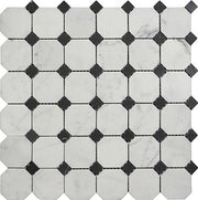Bianco Carrara Polished Marble Mosaic Octagon With Black Dot 2"