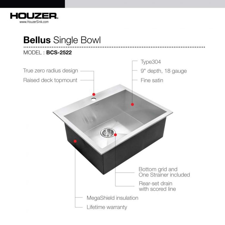Houzer Bellus 25" Stainless Steel Drop-in Topmount 1-hole Single Bowl Kitchen Sink with Strainer & Grid