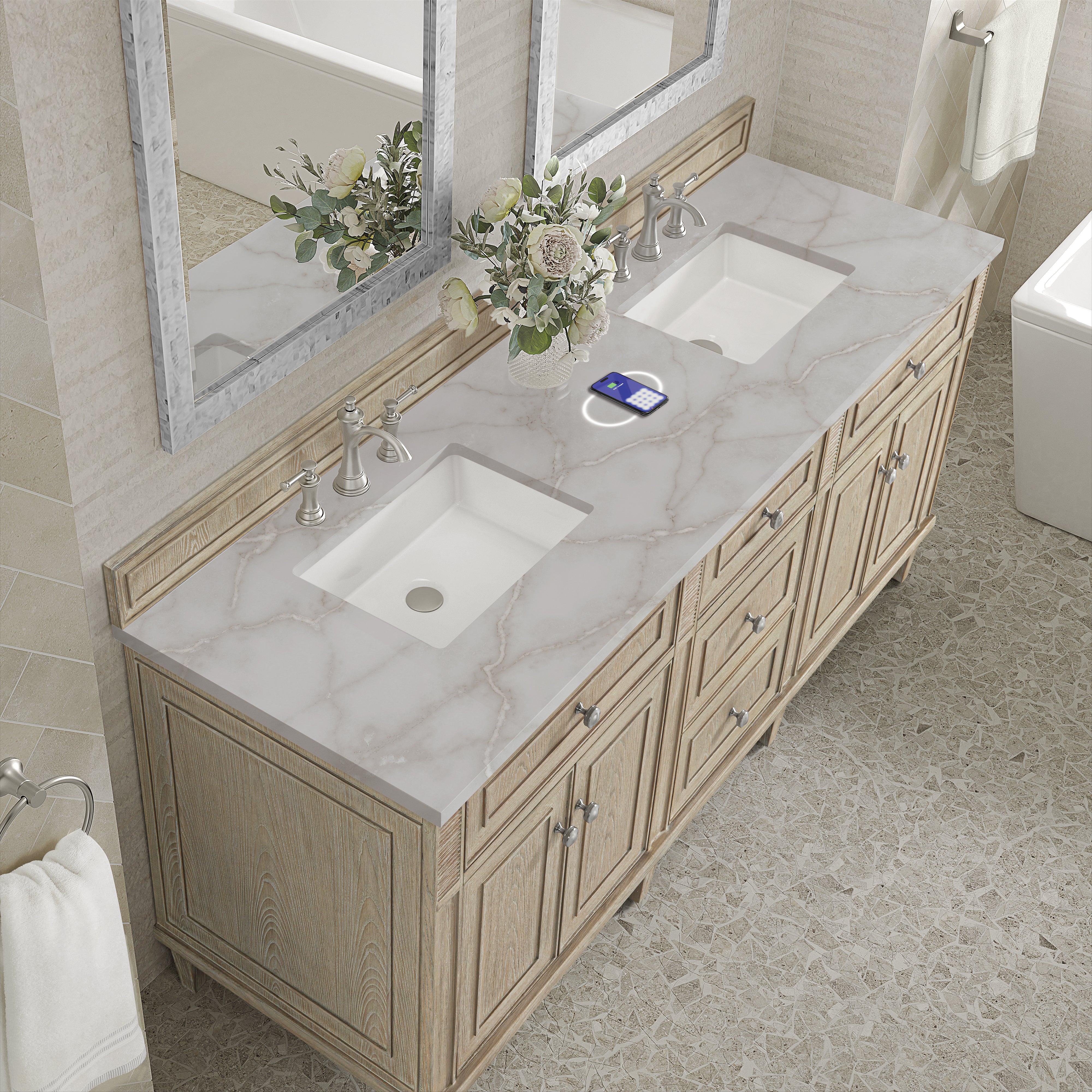 James Martin Lorelai 72" Double Vanity in Whitewashed Oak with 3cm Countertop and FreePower Wireless Charger