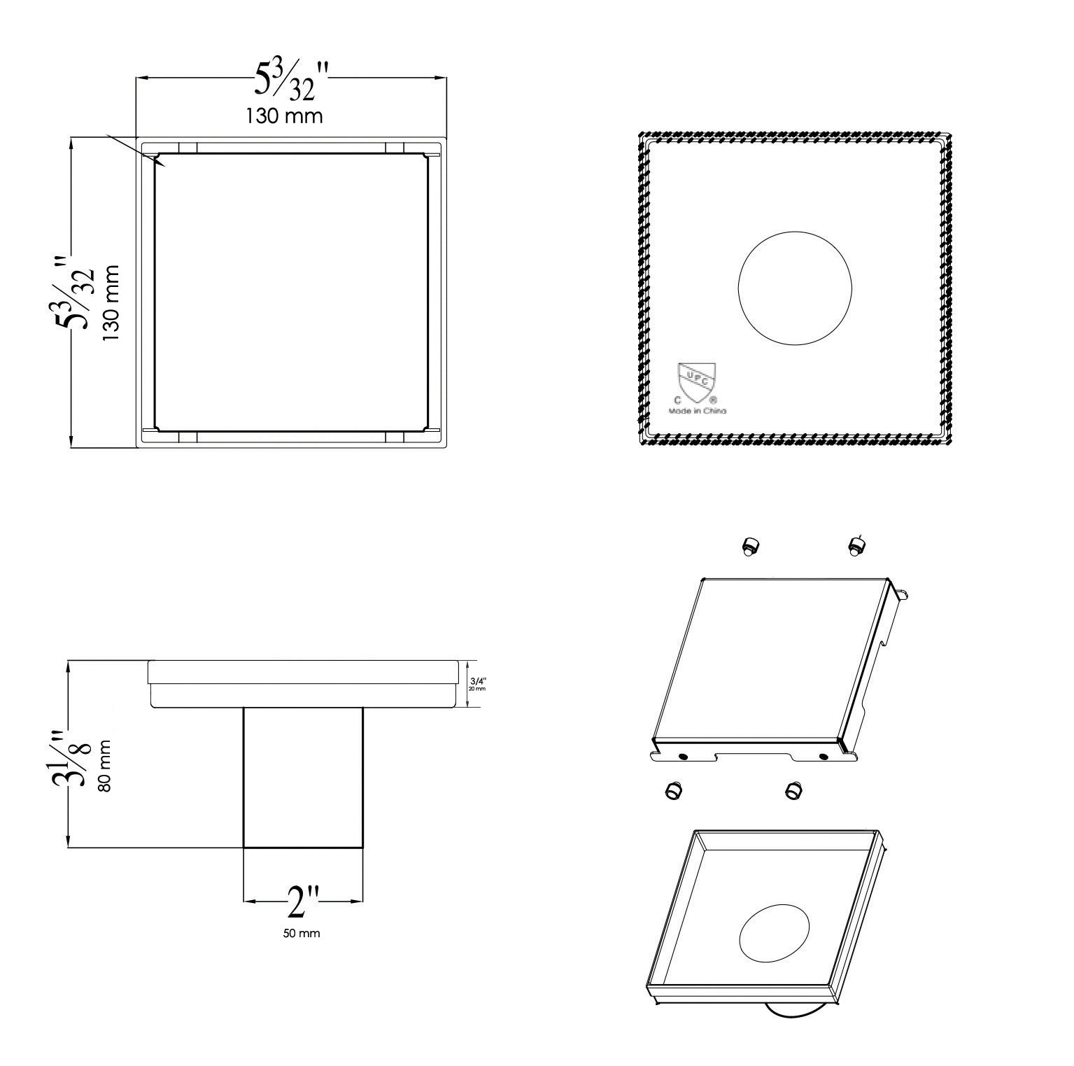 ALFI brand  ABSD55B-BSS 5" x 5" Modern Square Brushed Stainless Steel Shower Drain with Solid Cover