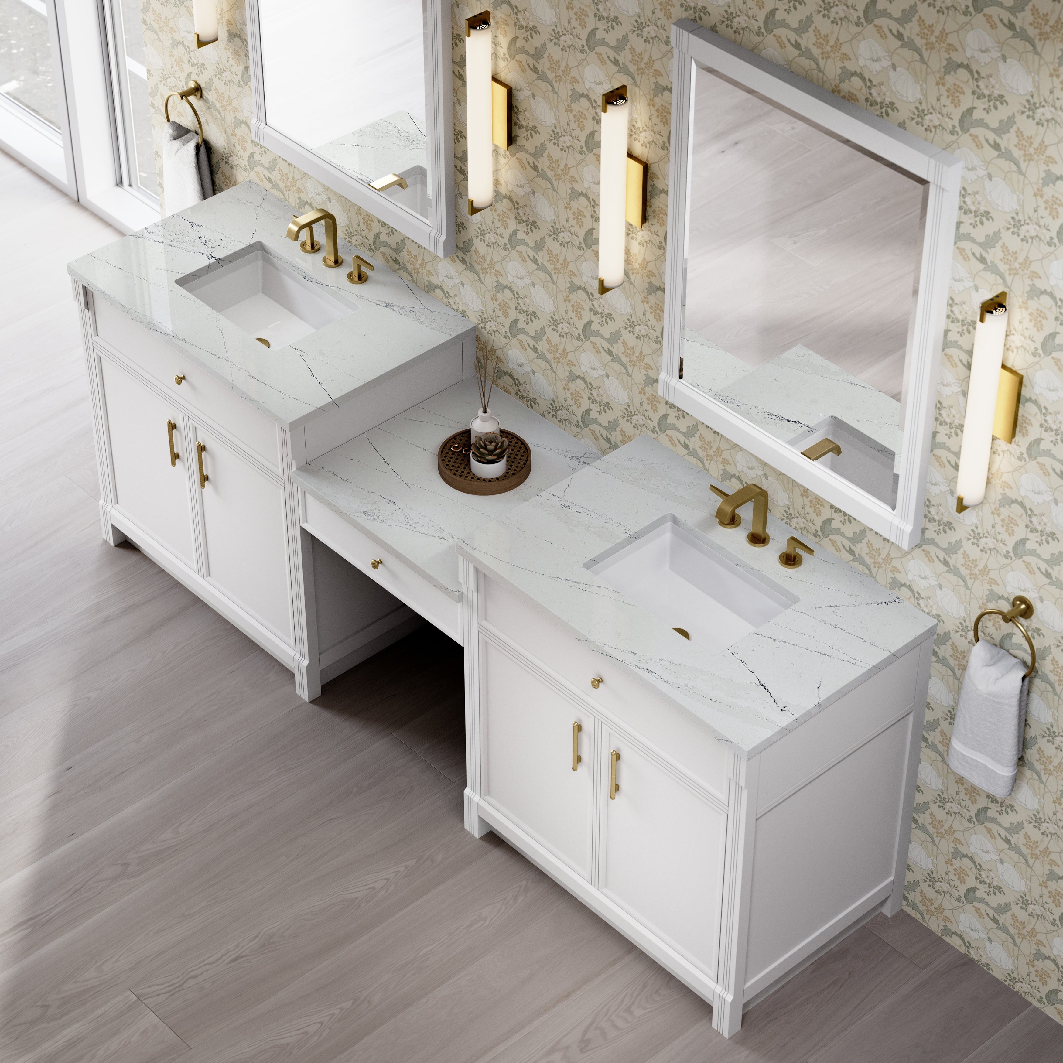 James Martin Bellshire 96" Dual Vanity Set with 24" Make-Up Counter in Bright White with 3cm Countertop