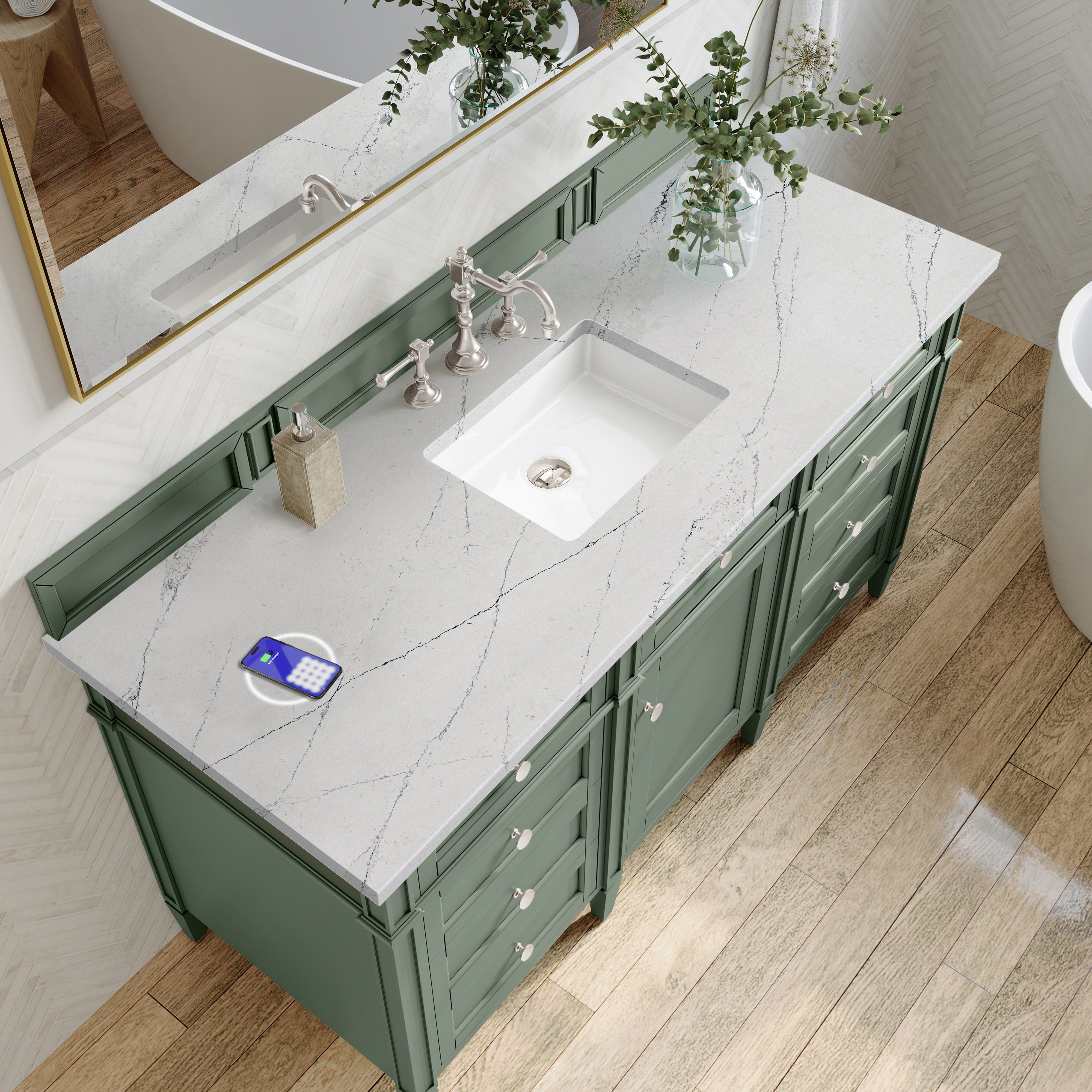 James Martin Brittany 60" Single Vanity in Smokey Celadon with 3cm Countertop and FreePower Wireless Charger