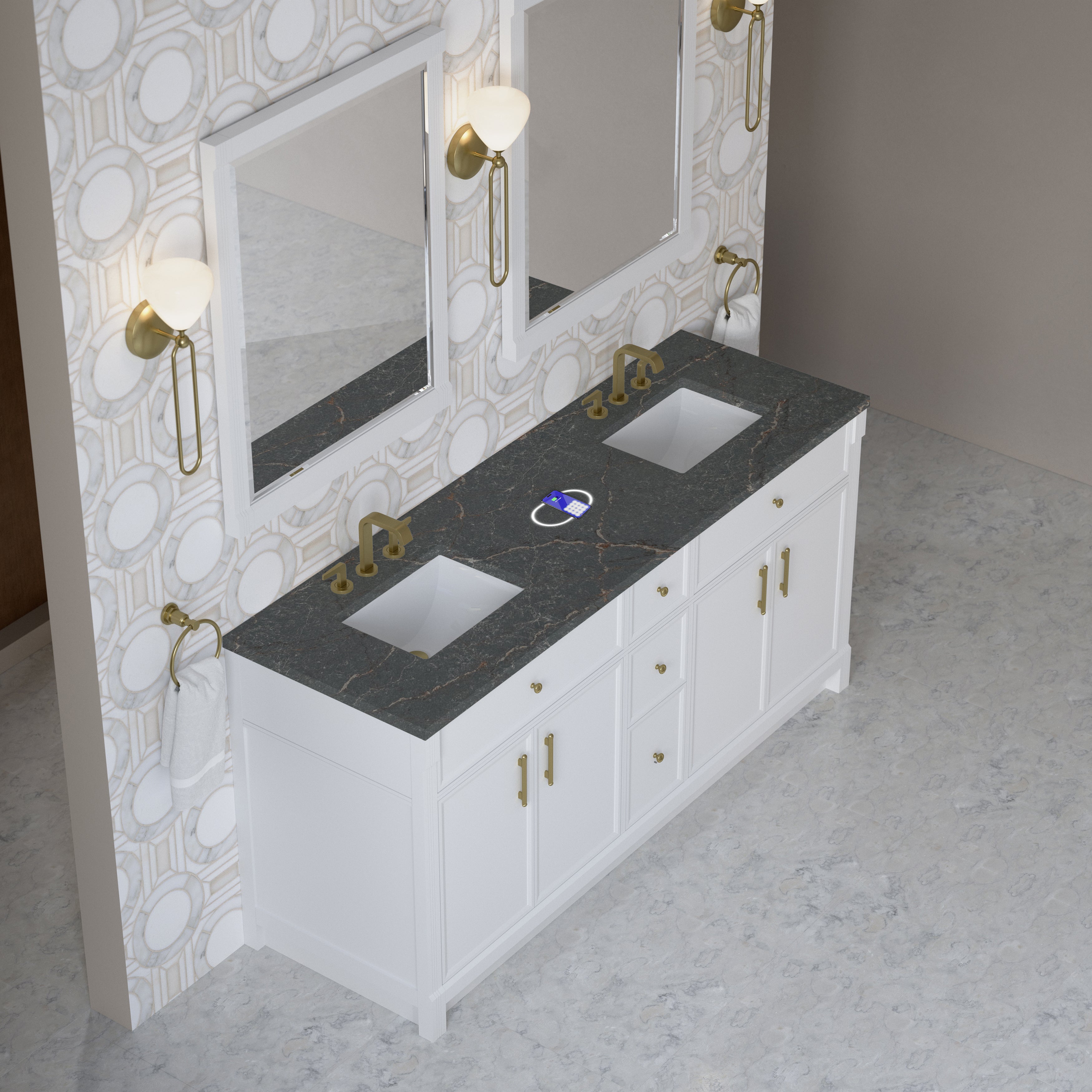 James Martin Bellshire 72" Double Vanity in Bright White with 3cm Countertop and FreePower Wireless Charger