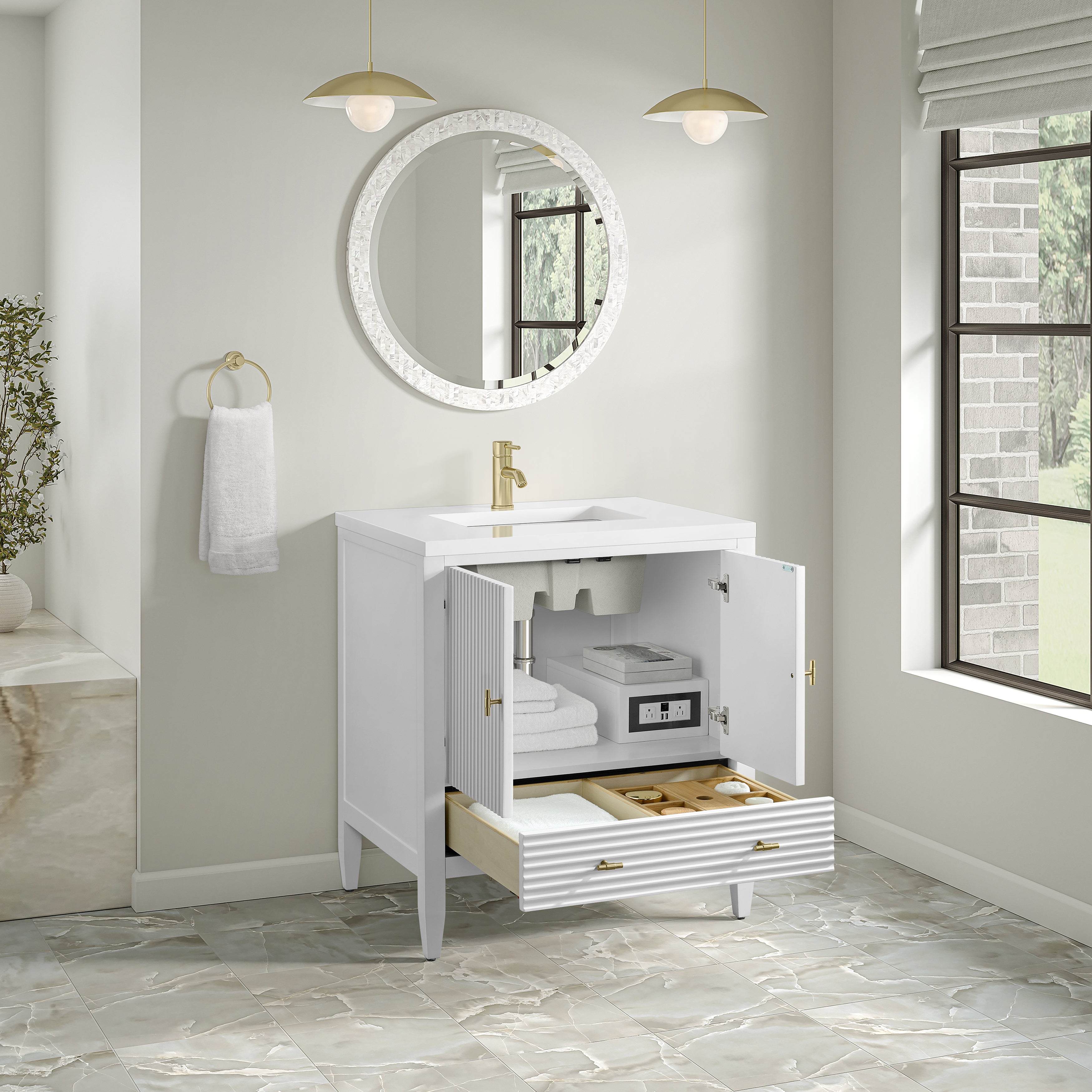 James Martin Myrrin 30" Single Vanity in Bright White with 3cm Countertop