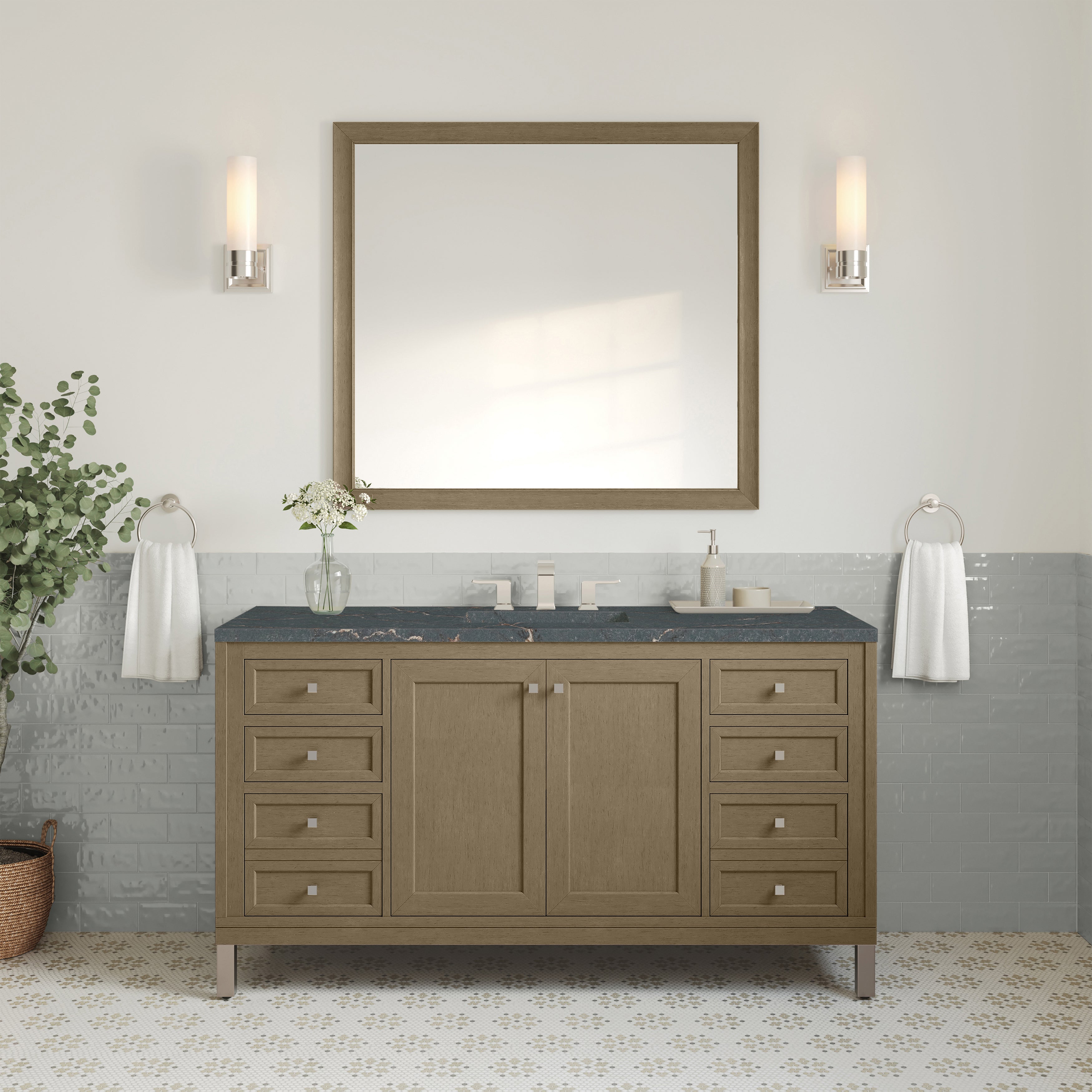 James Martin Chicago 60" Single Vanity in Walnut Whisper with 3cm Countertop and FreePower Wireless Charger