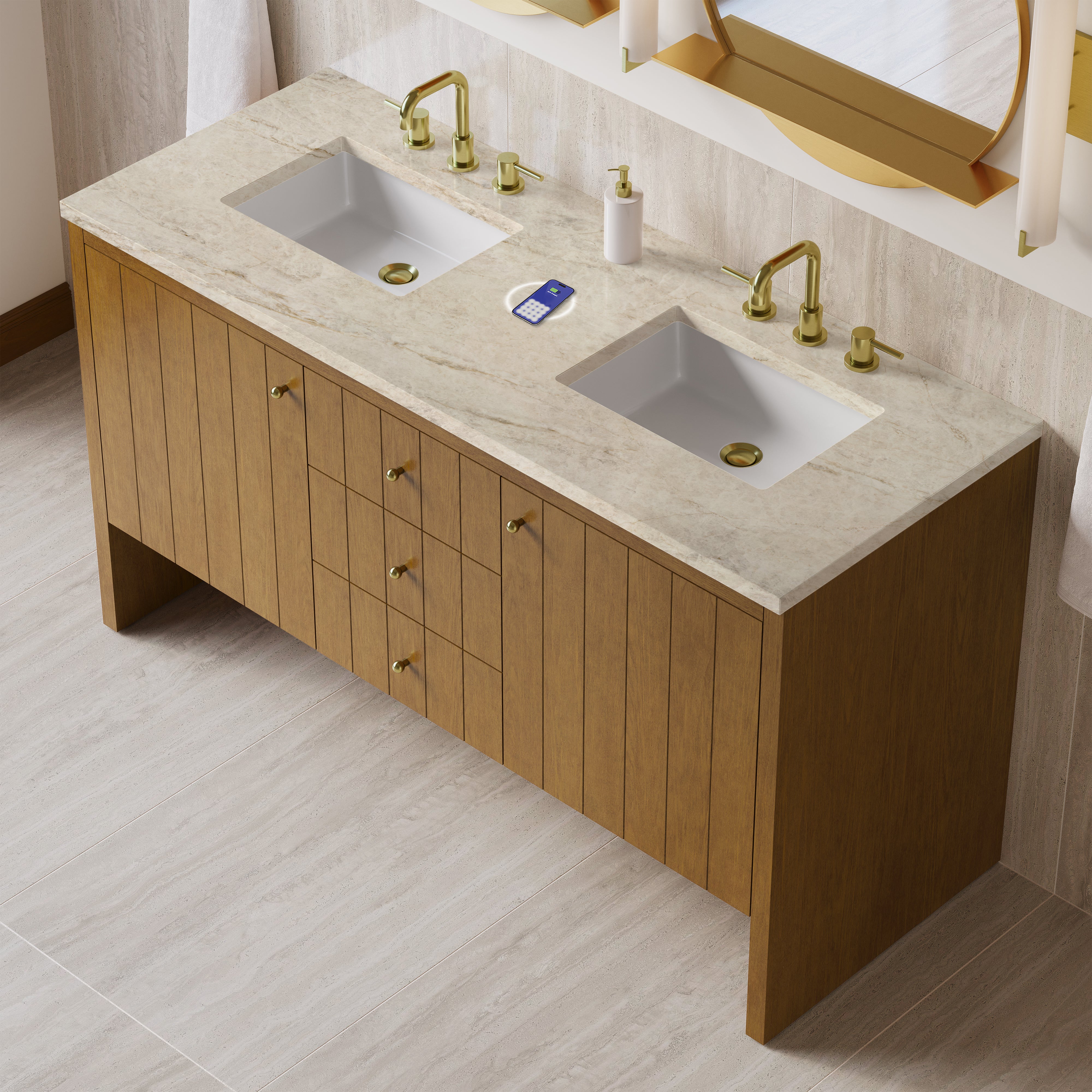 James Martin Hudson 60" Double Vanity in Honey Oak with 3cm Countertop and FreePower Wireless Charger