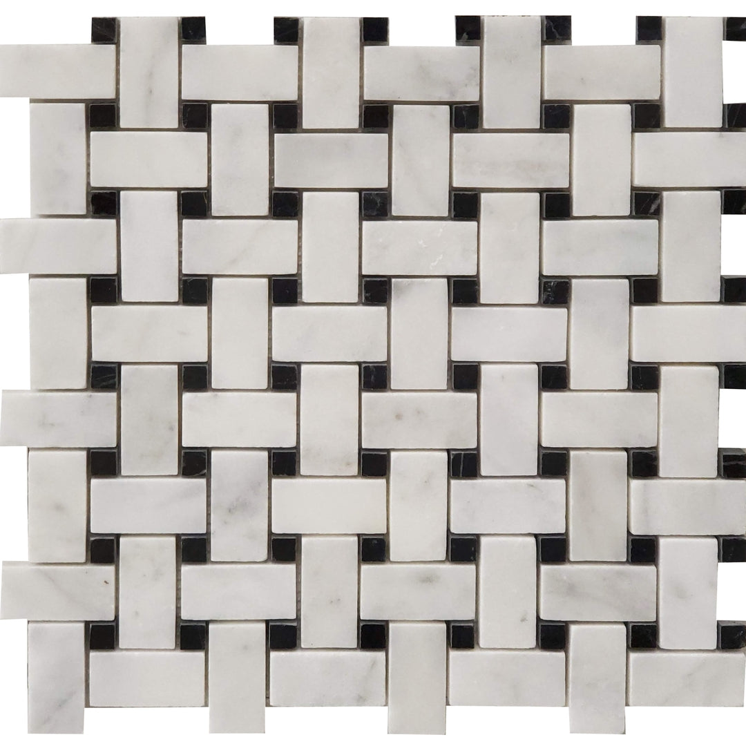 Basketweave Mosaic Bianco Imperial With Black Dot Marble Polished