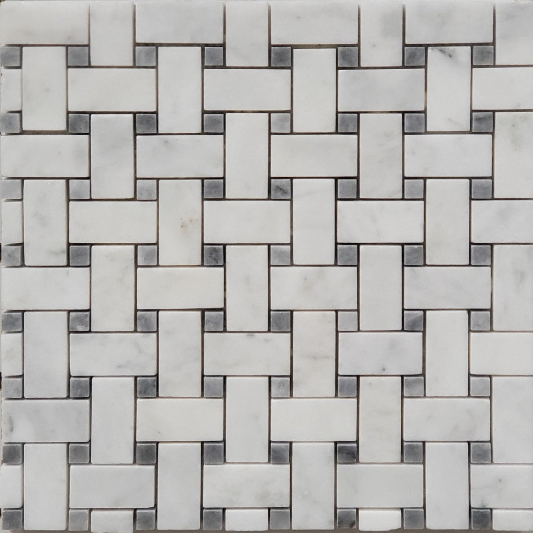 Basketweave Mosaic Bianco Imperial With Grey Dot Marble Polished