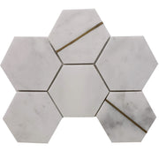 4 inch Hexagon Mosaic Bianco Imperial Marble With Brass Line Honed