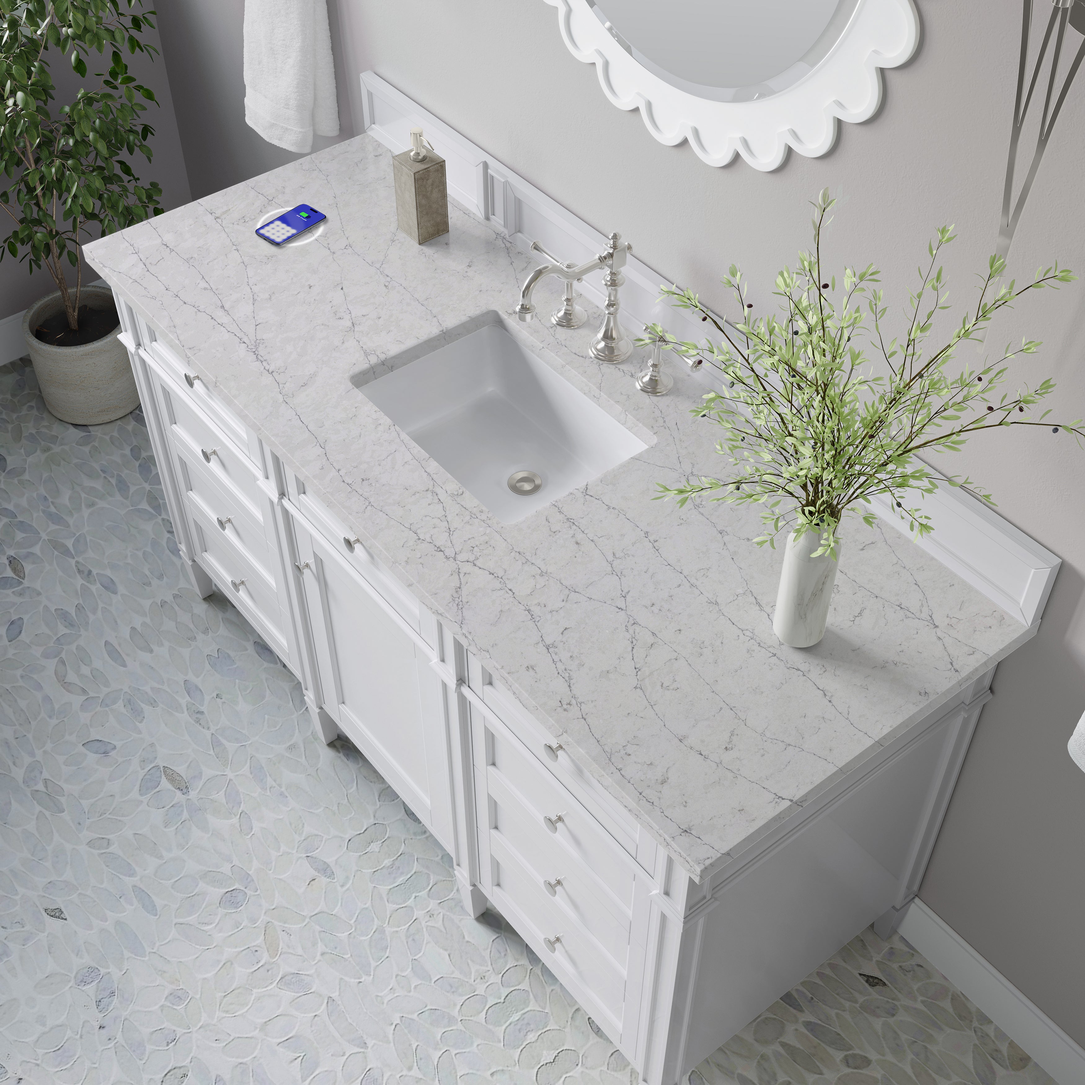 James Martin Brittany 60" Single Vanity in Bright White with 3cm Countertop and FreePower Wireless Charger