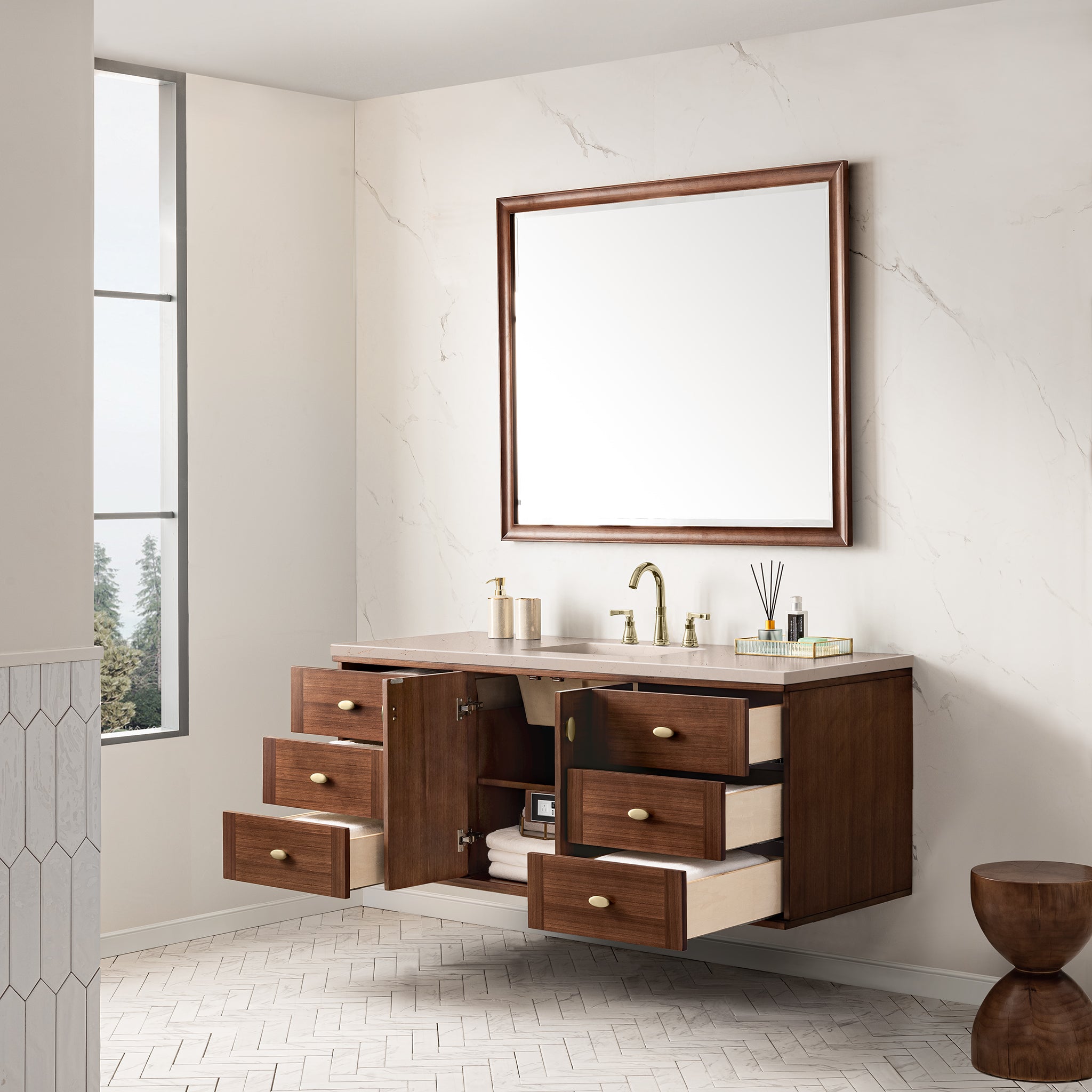 James Martin Amberly 60" Single Vanity in Mid-Century Walnut with 3cm Countertop
