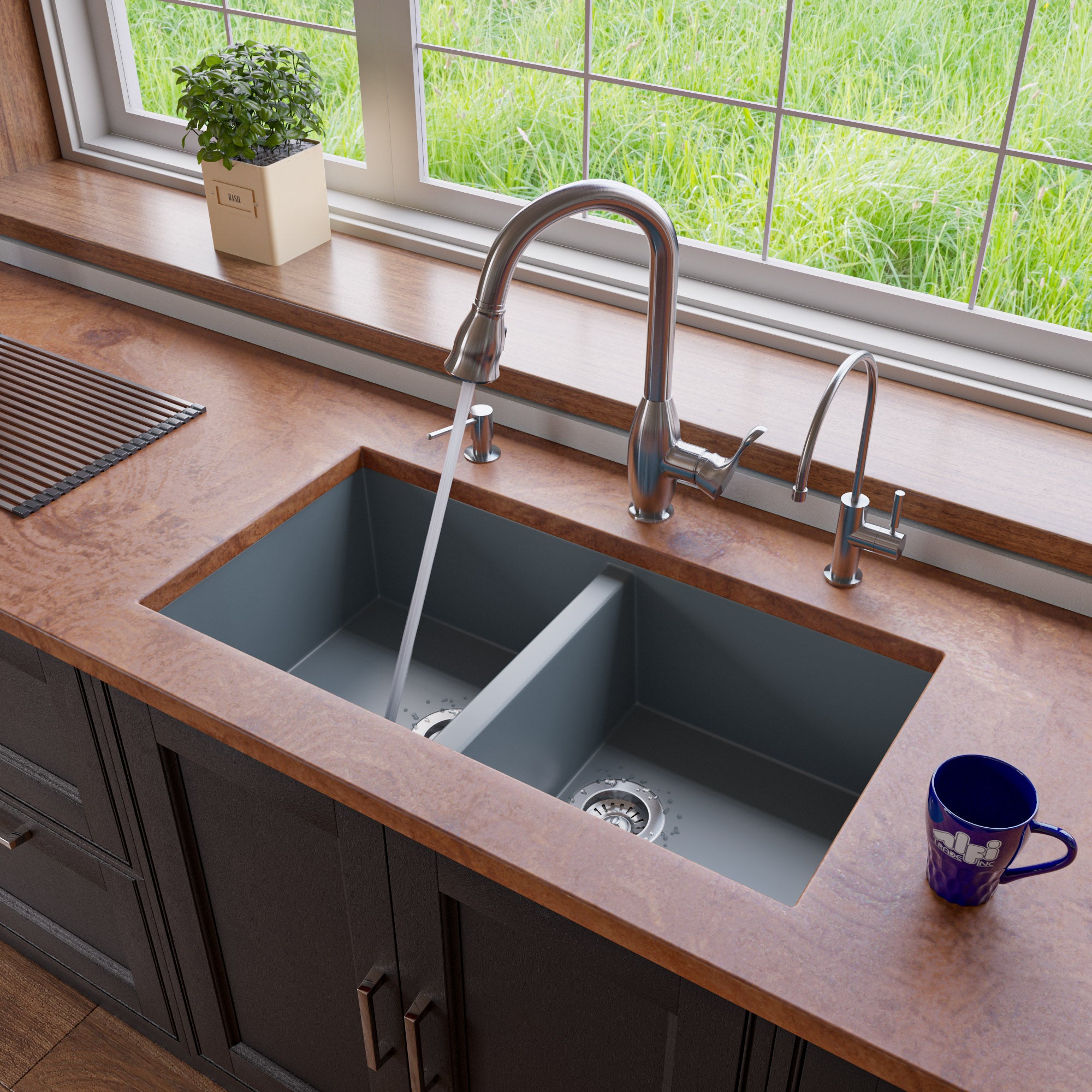 ALFI brand AB3420UM 34" Undermount Double Bowl Granite Composite Kitchen Sink