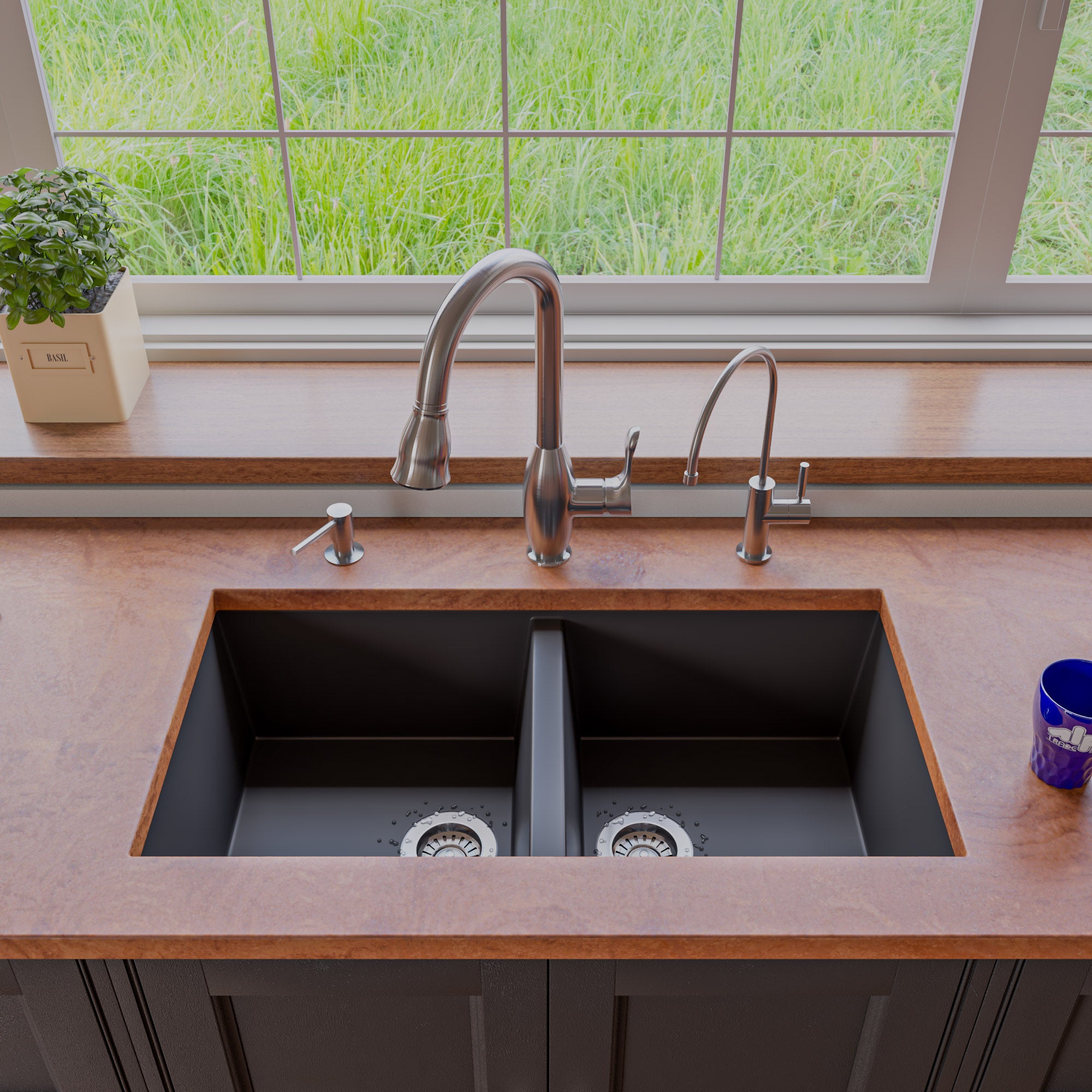 ALFI brand AB3420UM 34" Undermount Double Bowl Granite Composite Kitchen Sink