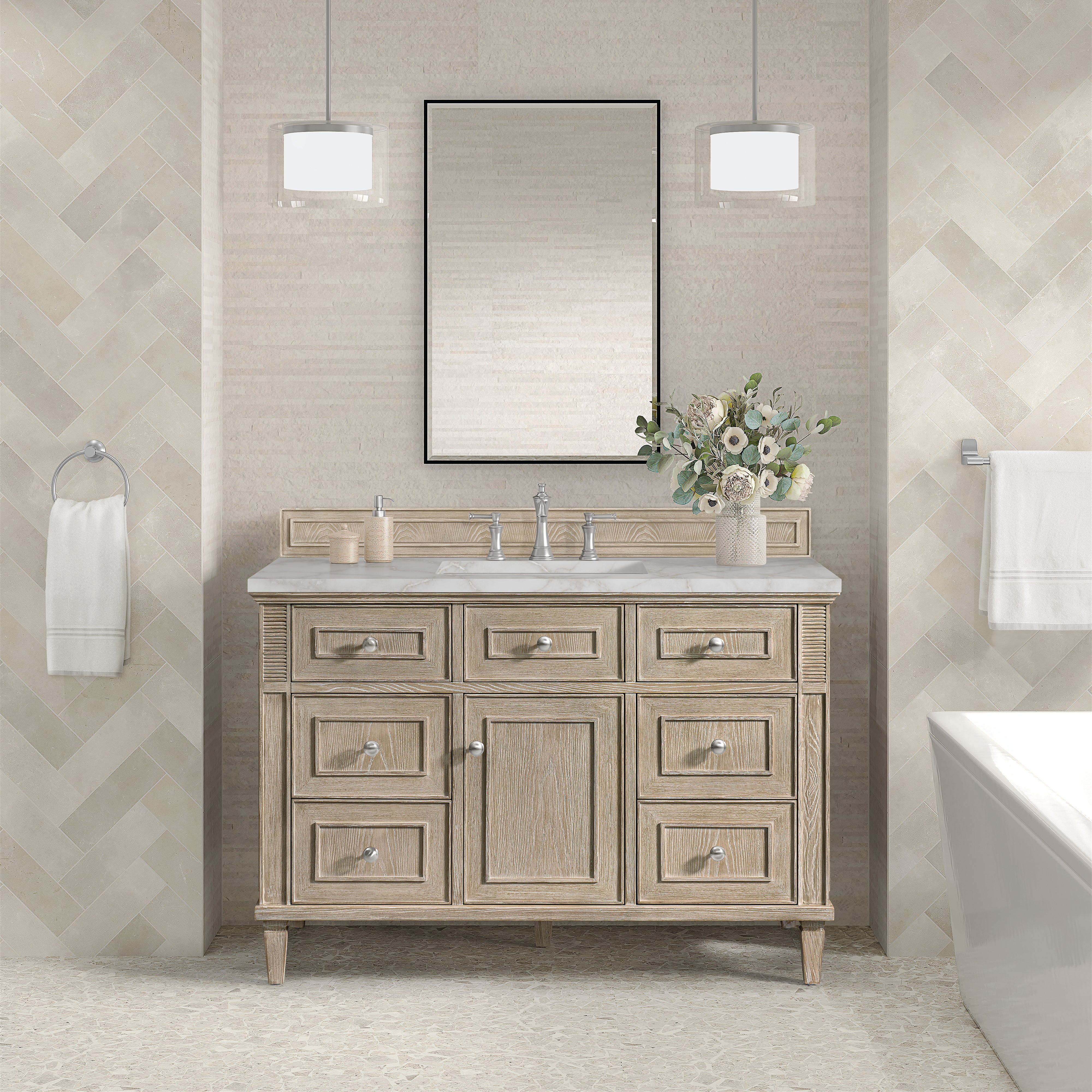 James Martin Lorelai 48" Single Vanity in Whitewashed Oak with 3cm Countertop and FreePower Wireless Charger