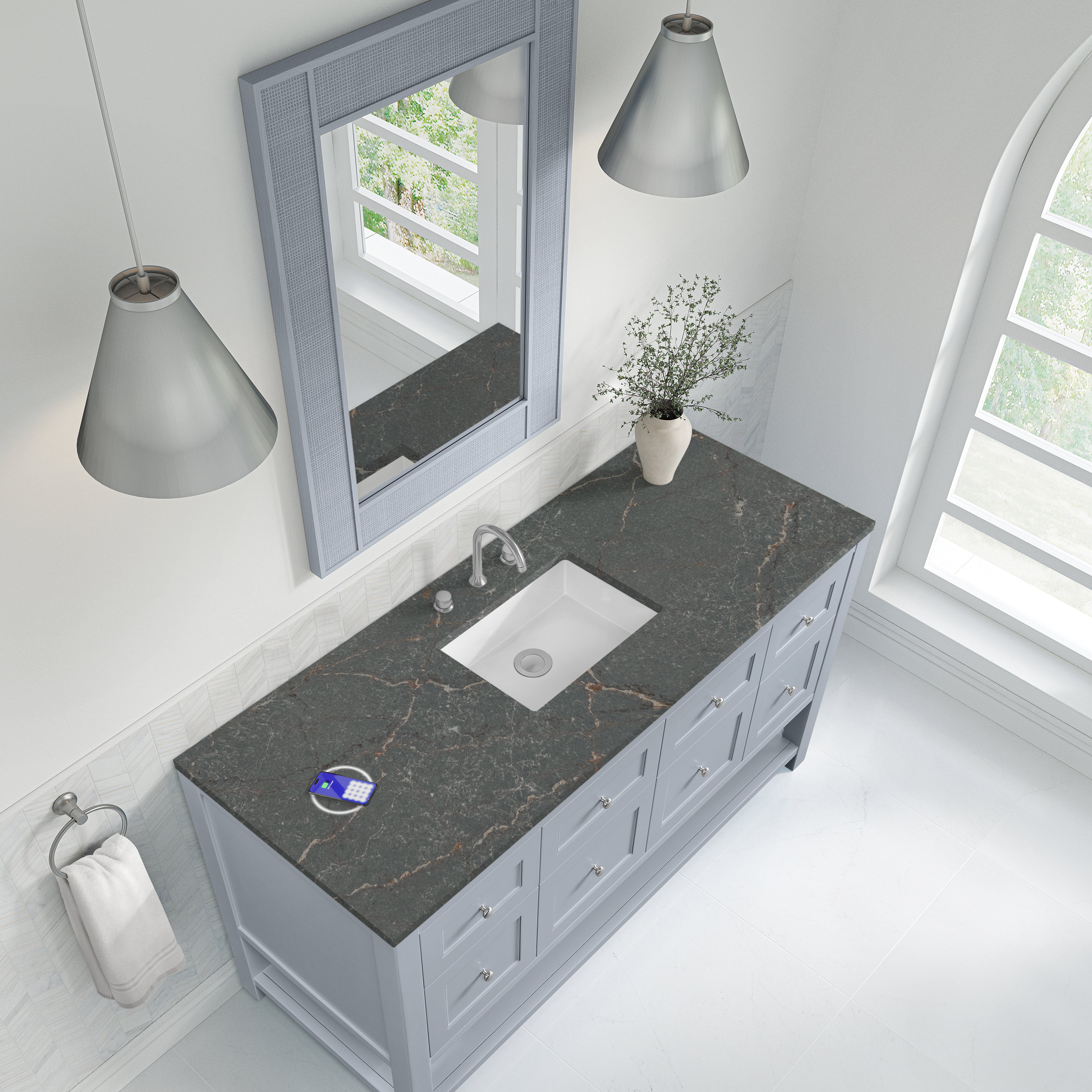 James Martin Breckenridge 60" Single Vanity in Serenity Blue with 3cm Countertop and FreePower Wireless Charger