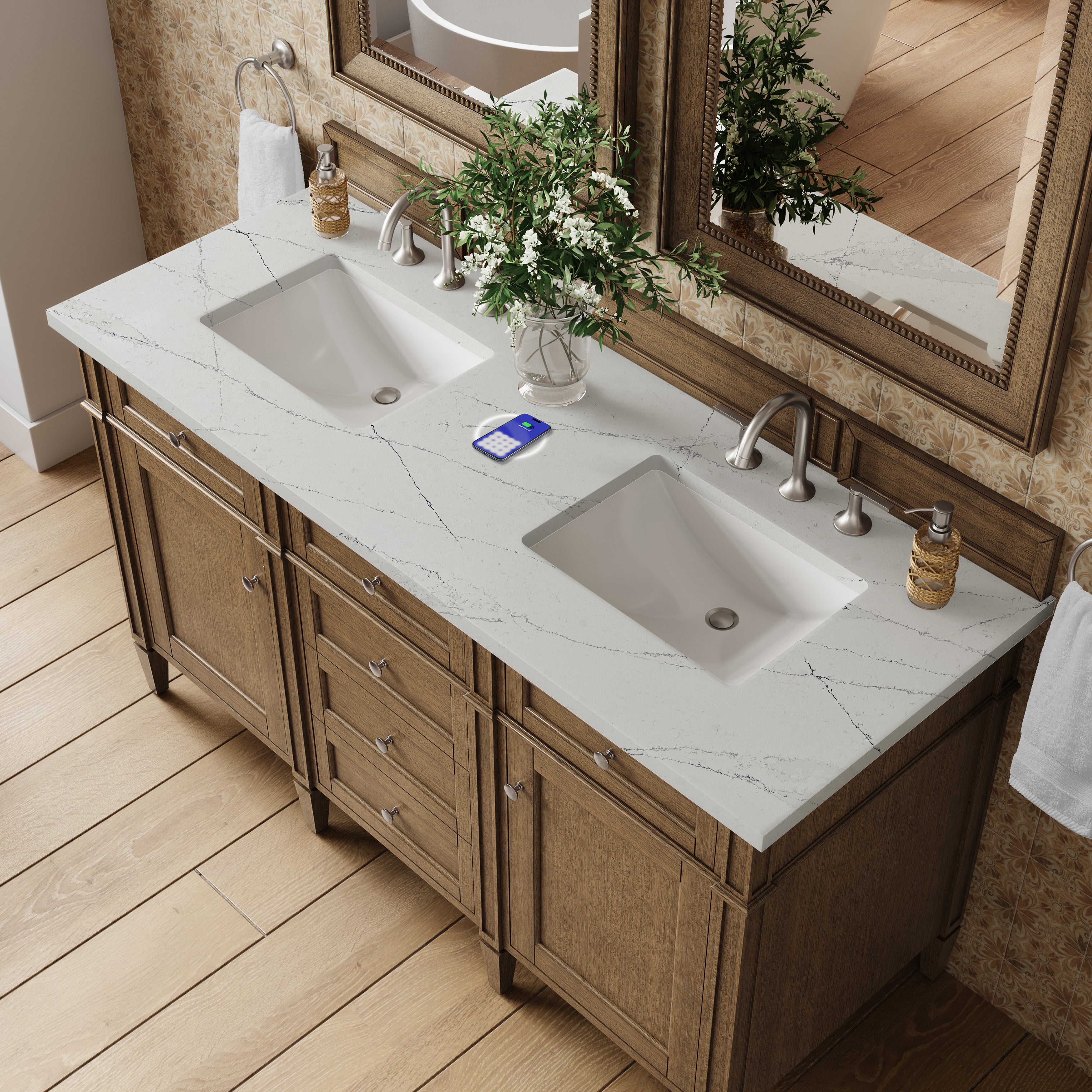 James Martin Brittany 60" Double Vanity in Saddle Brown with 3cm Countertop and FreePower Wireless Charger