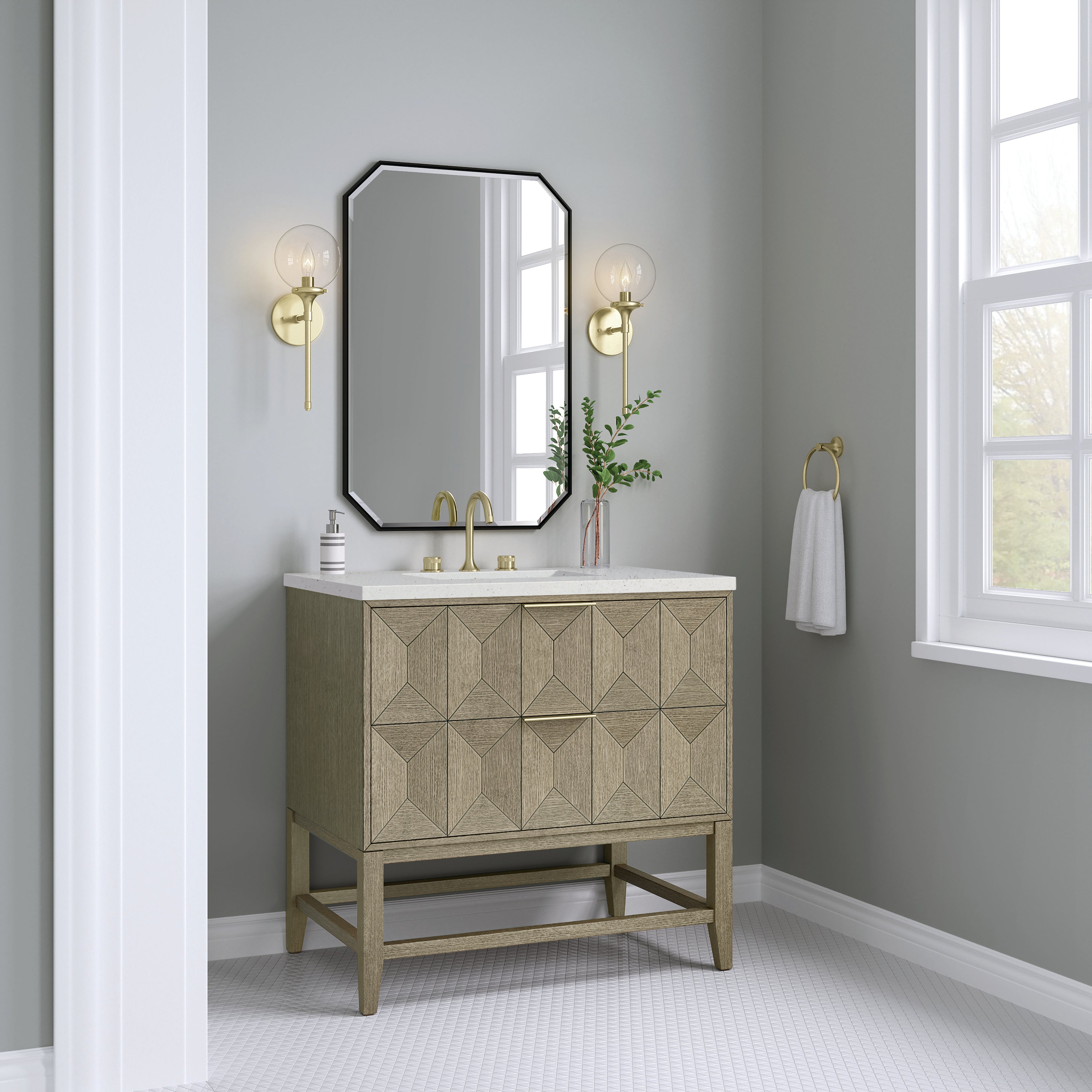 James Martin Emmeline 36" Single Vanity in Pebble Oak with 3cm Countertop