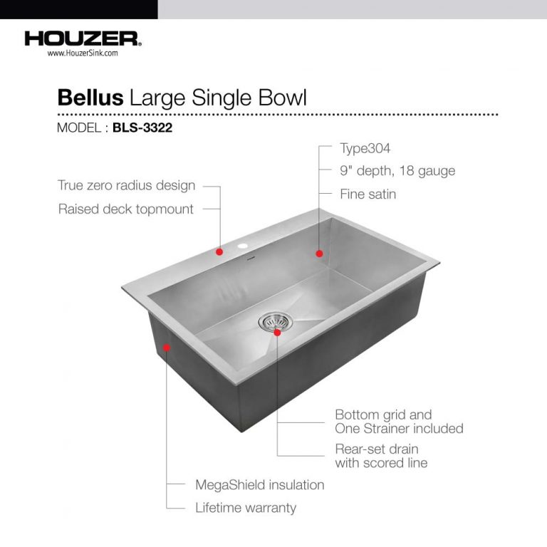 Houzer Bellus 33" Stainless Steel Drop-in Topmount 1-hole Single Bowl Kitchen Sink with Strainer & Grid