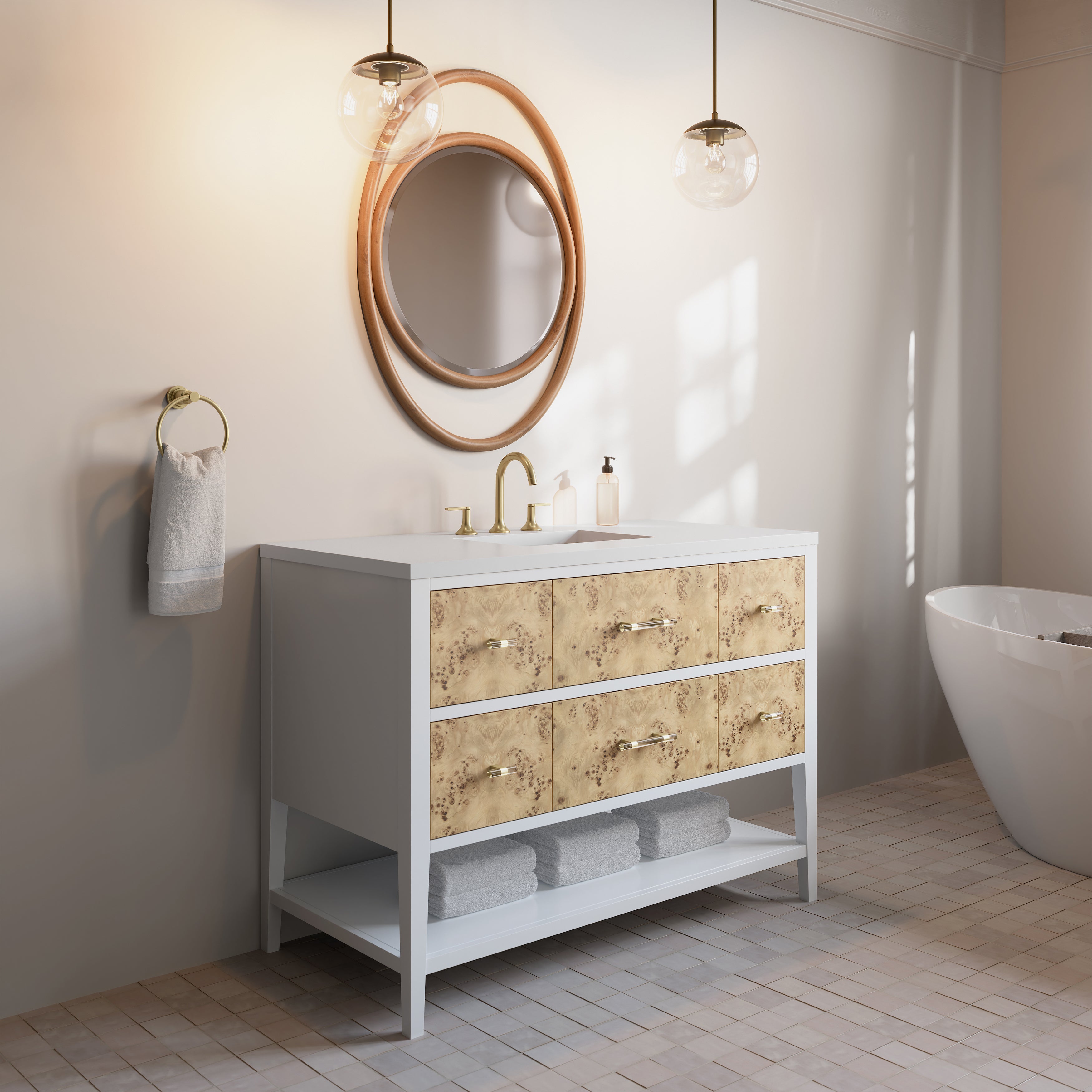 James Martin Olena 48" Single Vanity in Light Mappa Burl and Polished White with 3cm Countertop