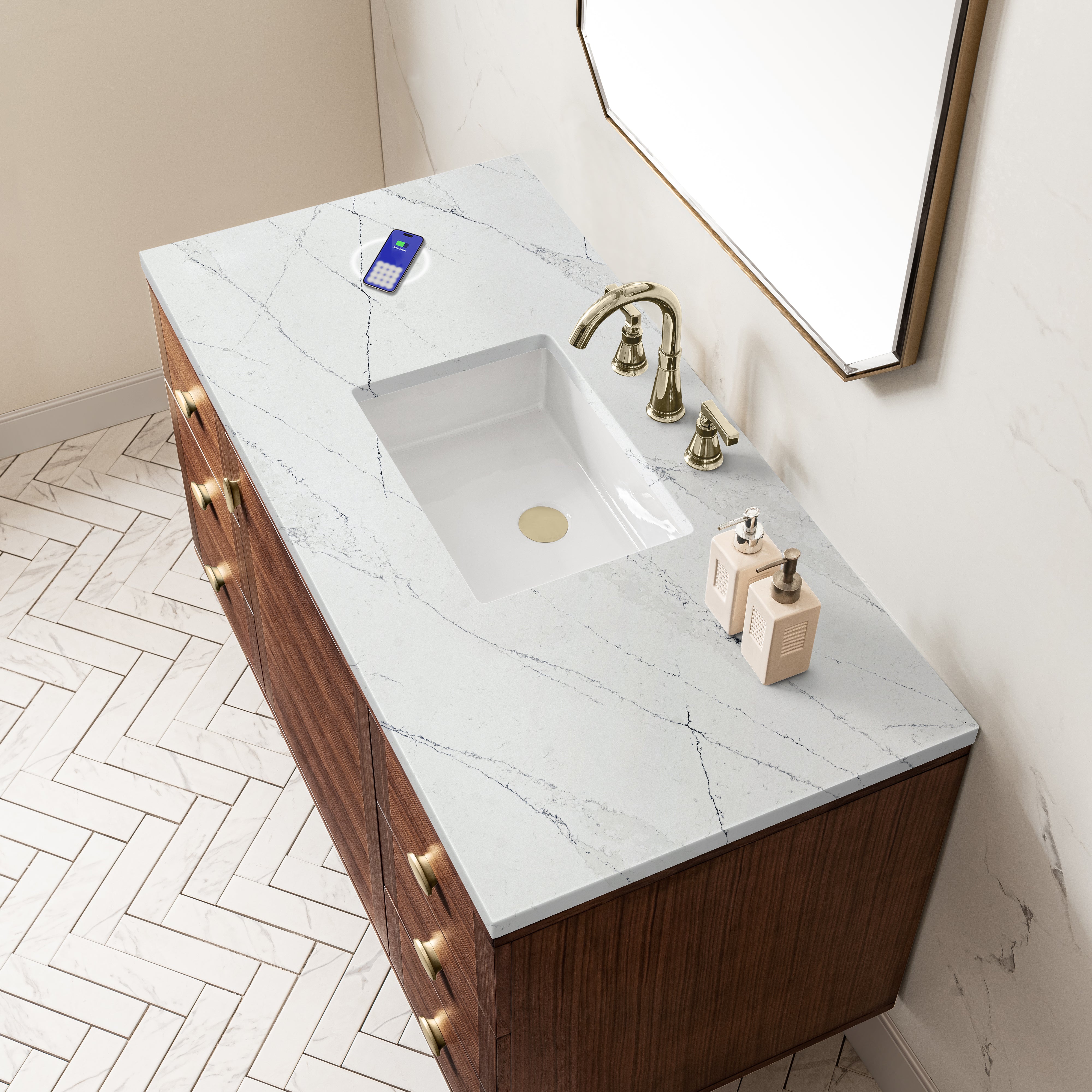 James Martin Amberly 48" Single Vanity in Mid-Century Walnut with 3cm Countertop and FreePower Wireless Charger