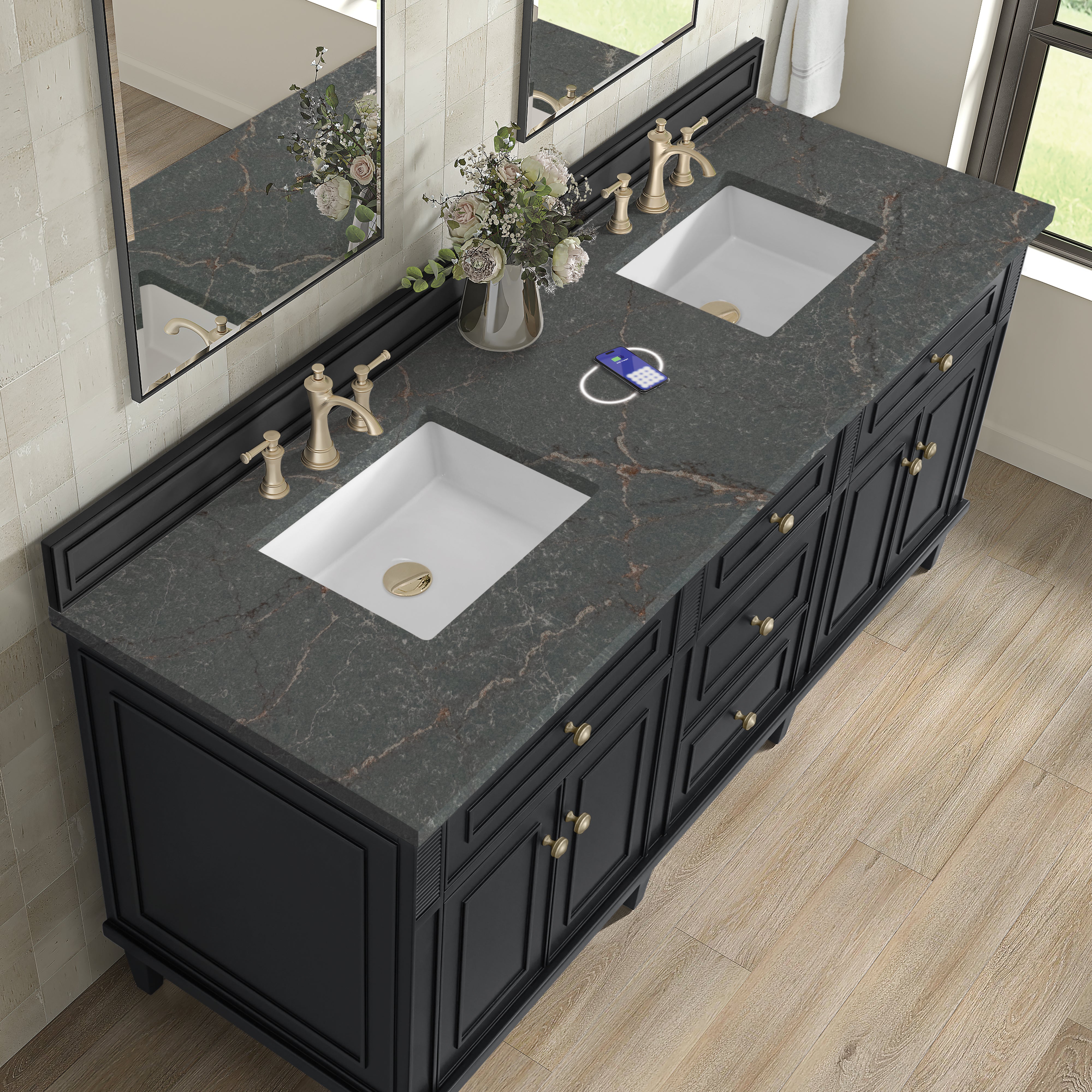 James Martin Lorelai 72" Double Vanity in Black Onyx with 3cm Countertop and FreePower Wireless Charger