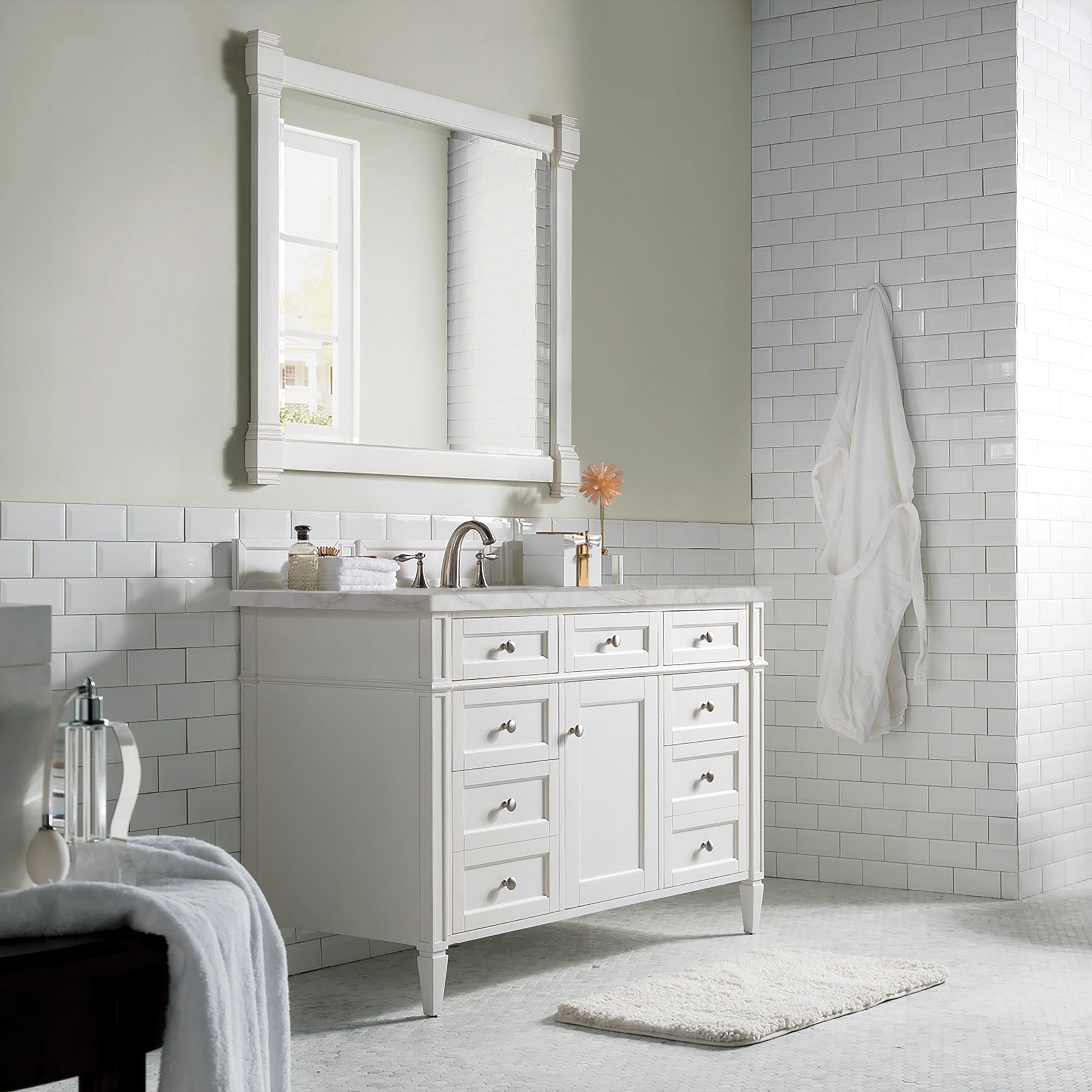 James Martin Brittany 48" Single Vanity in Bright White with 3cm Countertop and FreePower Wireless Charger