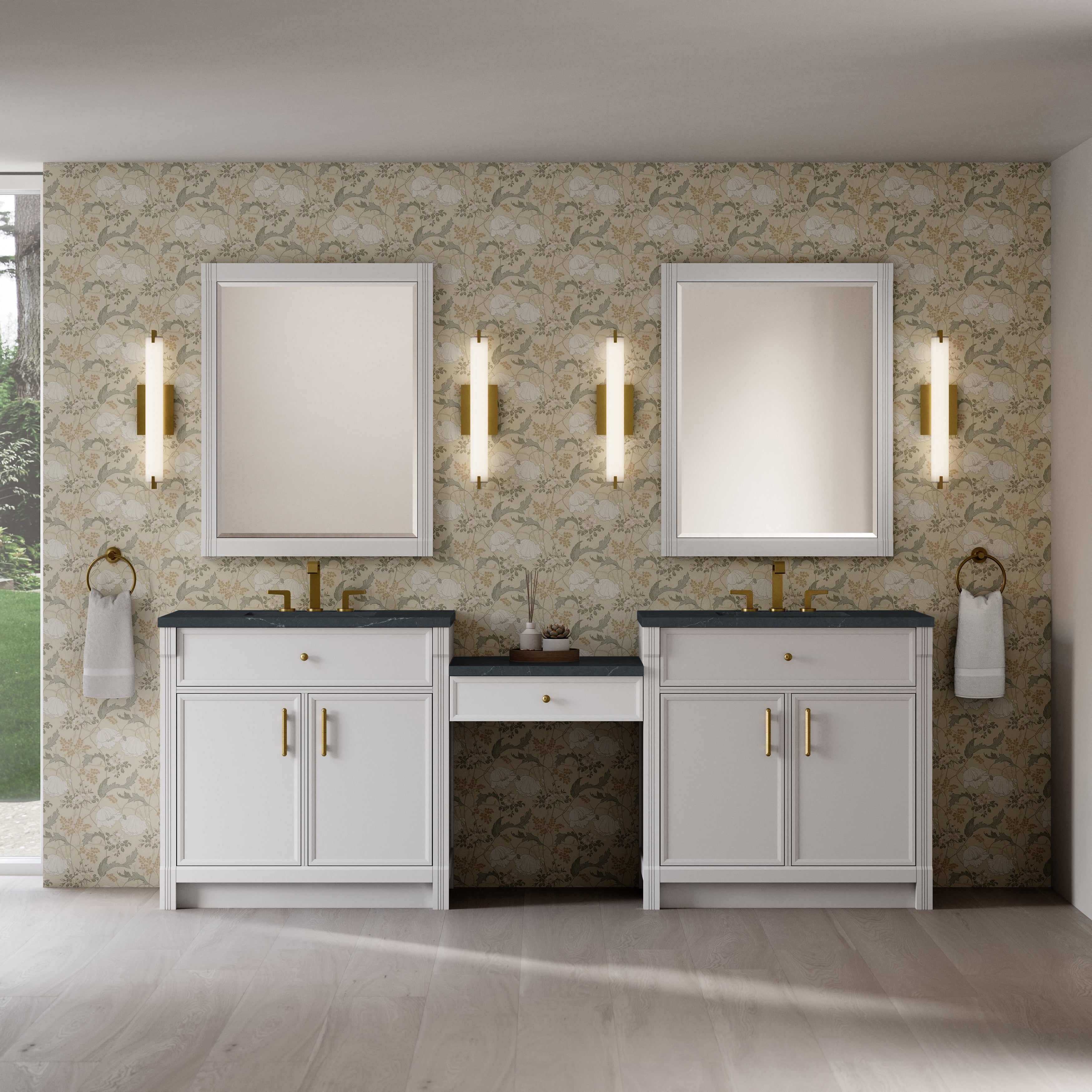 James Martin Bellshire 96" Dual Vanity Set with 24" Make-Up Counter in Bright White with 3cm Countertop