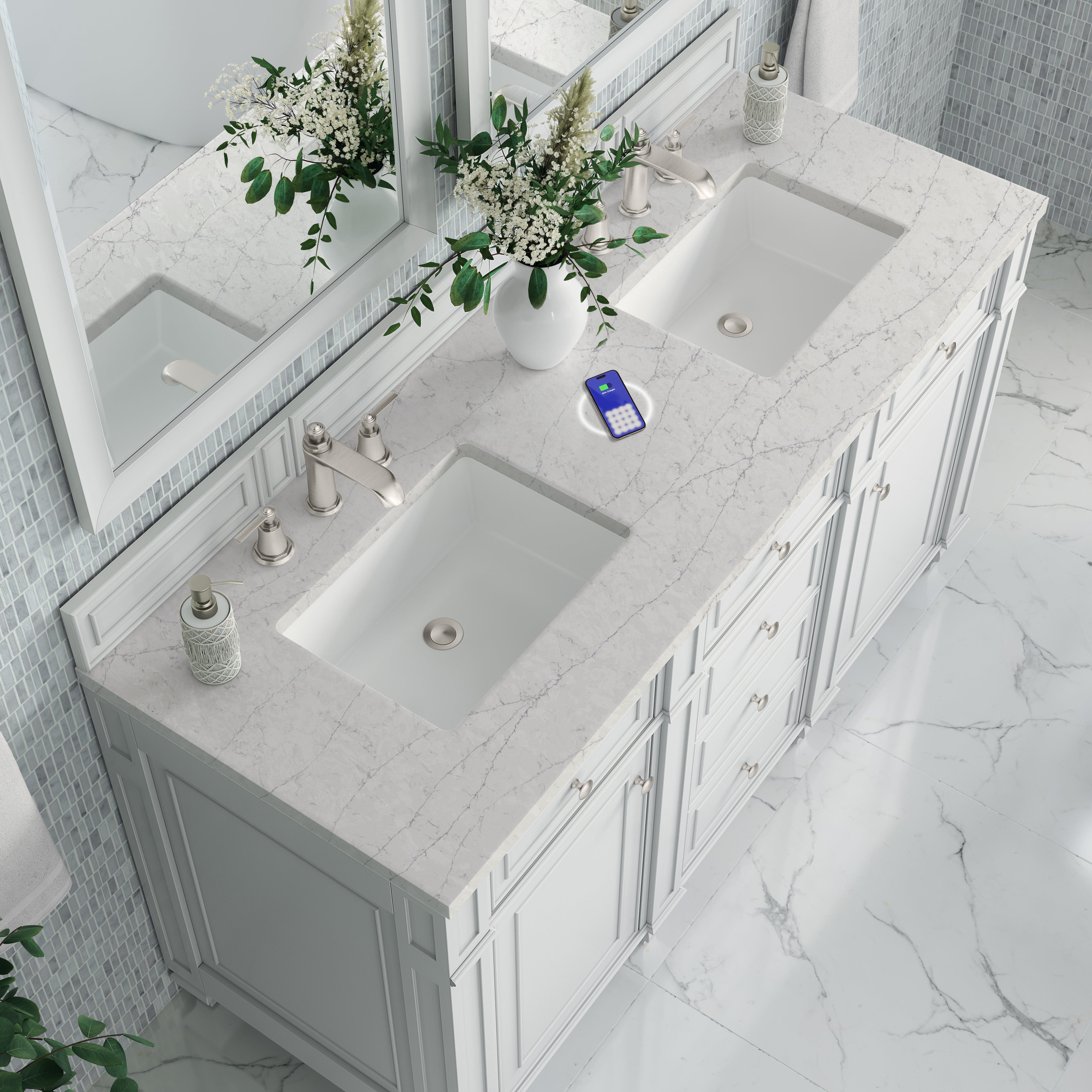 James Martin Bristol 60" Double Vanity in Bright White with 3cm Countertop and FreePower Wireless Charger