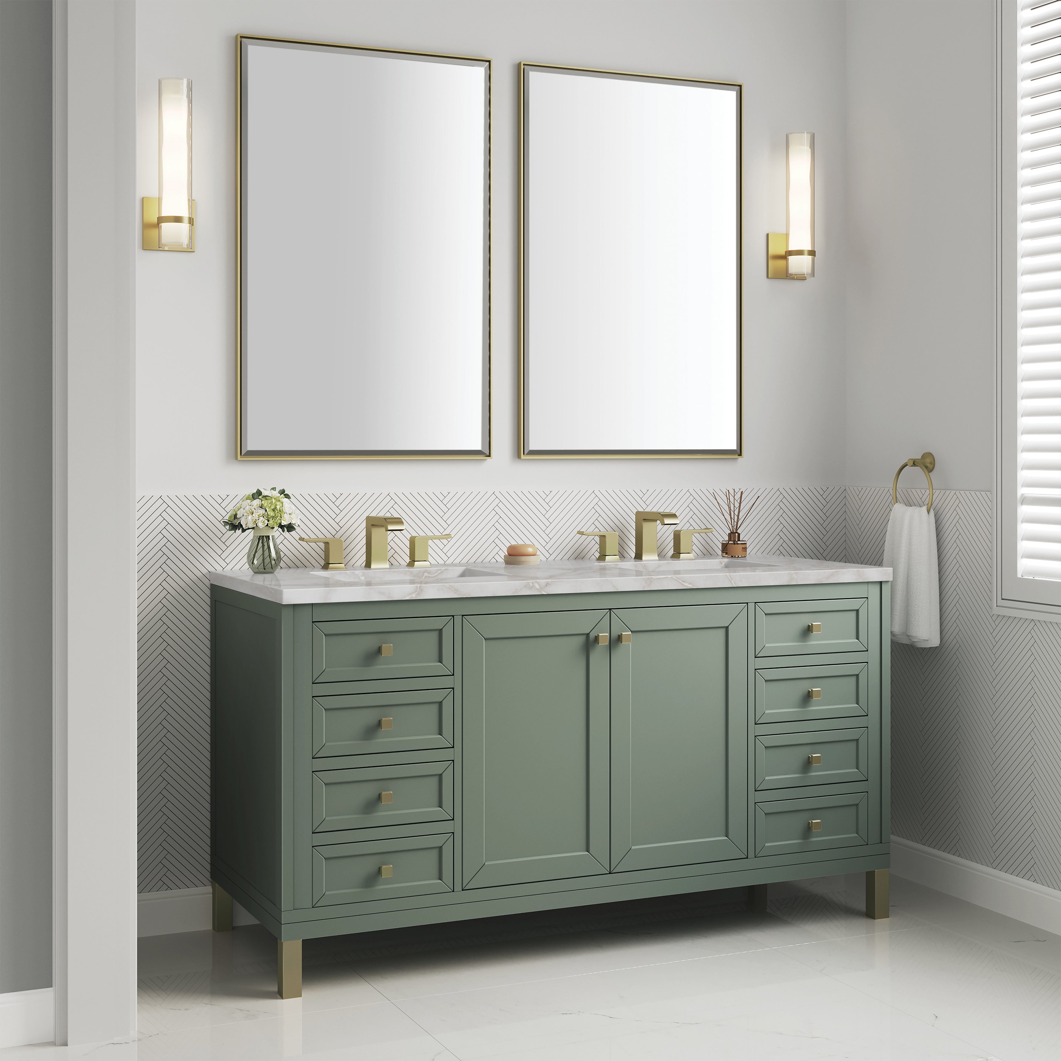 James Martin Chicago 60" Double Vanity in Smokey Celadon with 3cm Countertop