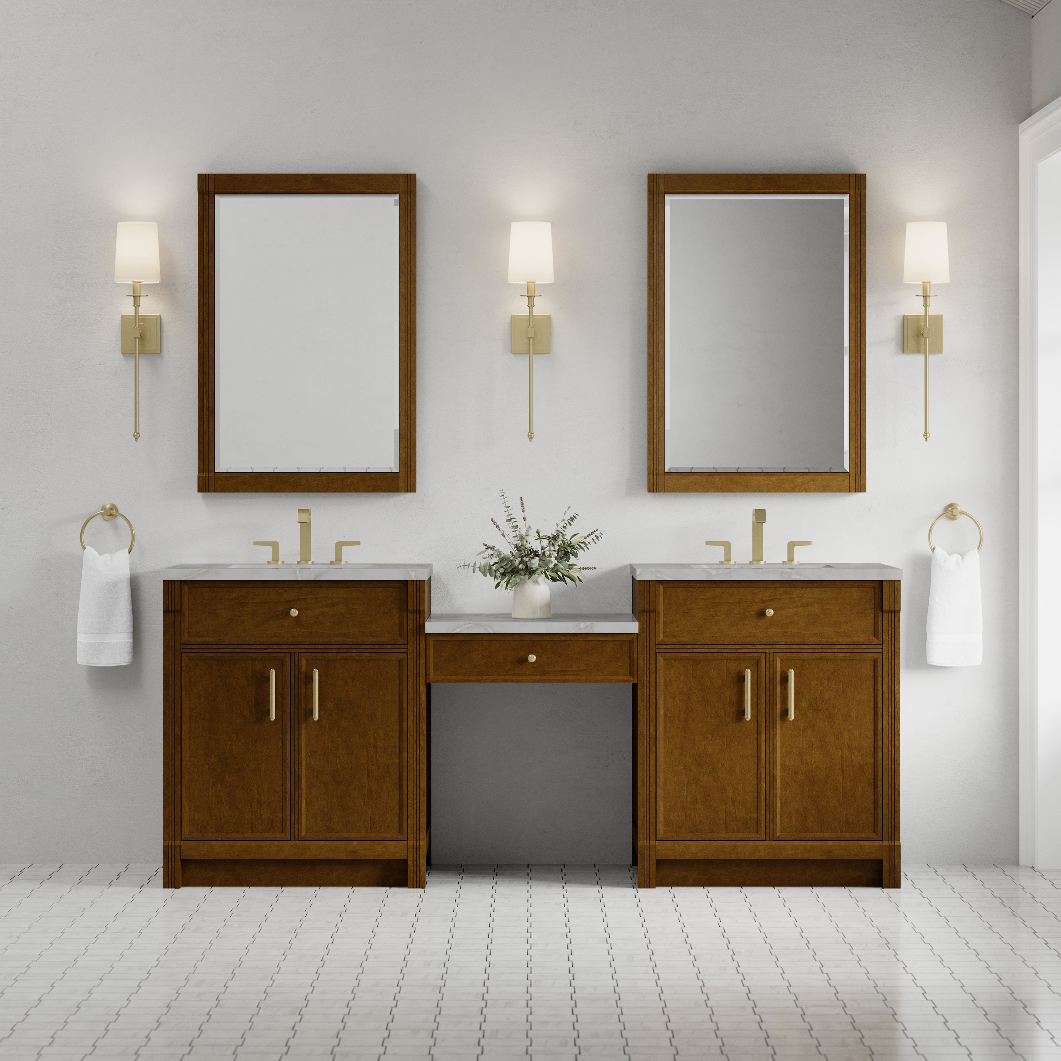 James Martin Bellshire 84" Dual Vanity Set with 24" Make-Up Counter in Honey Oak with 3cm Countertop