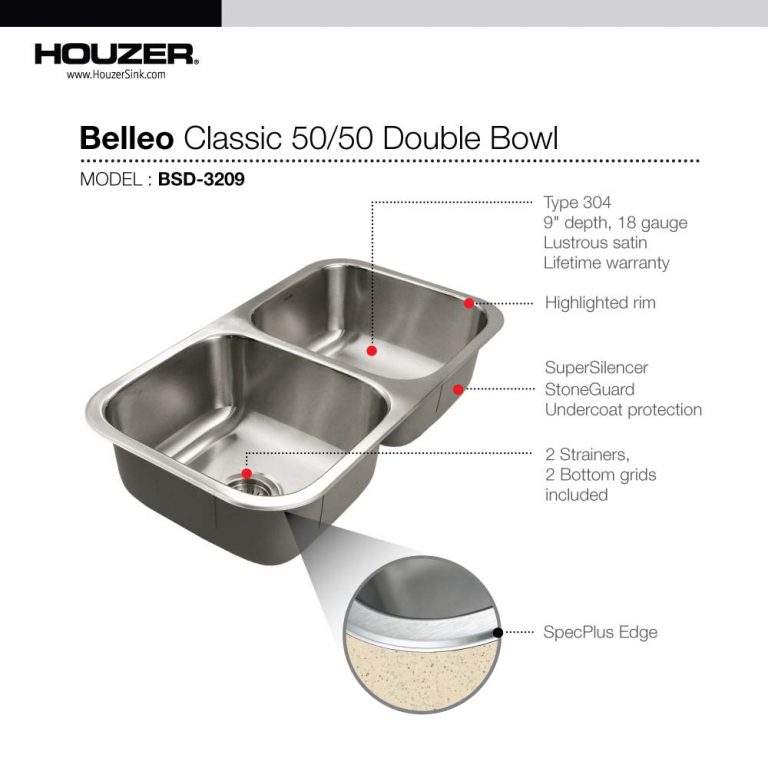 Houzer Belleo 32" Stainless Steel Drop-in Topmount 50/50 Double Bowl Kitchen Sink with Strainers & Grids