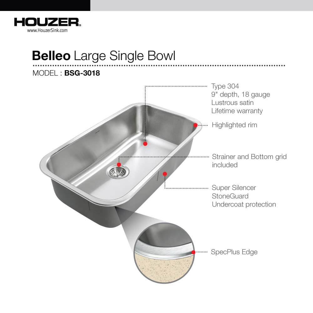 Houzer Belleo 32" Stainless Steel Drop-in Topmount Single Bowl Kitchen Sink with Strainer & Grid