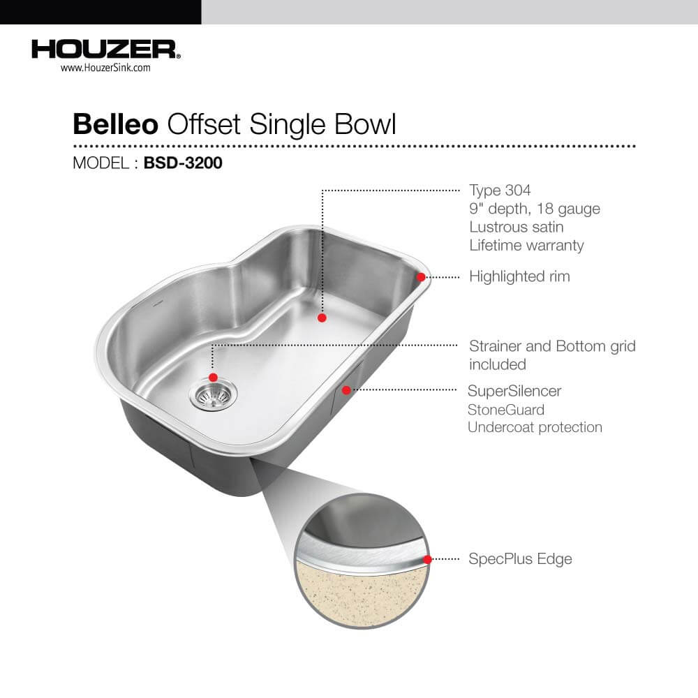 Houzer Belleo 32" Stainless Steel Drop-in Topmount Single Bowl Offset Kitchen Sink with Strainer & Grid