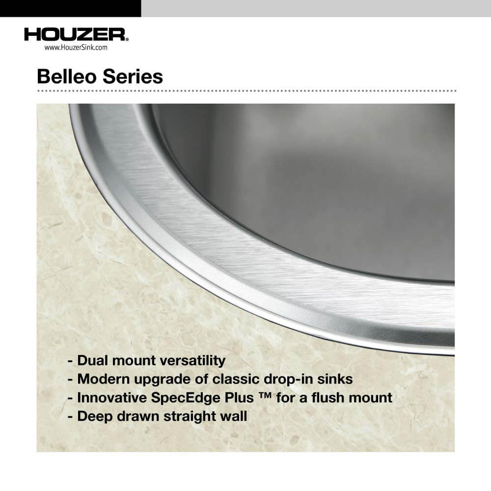 Houzer Belleo 32" Stainless Steel Drop-in Topmount Single Bowl Offset Kitchen Sink with Strainer & Grid