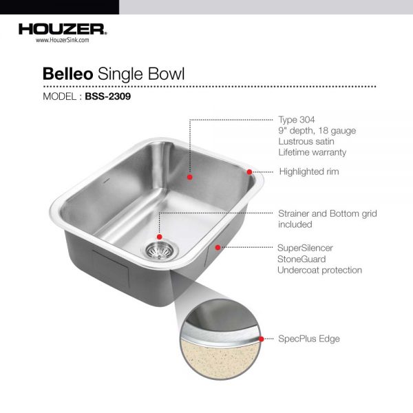 Houzer Belleo 23" Stainless Steel Drop-in Topmount Single Bowl Kitchen Sink with Strainer & Grid