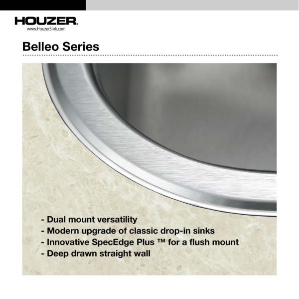 Houzer Belleo 23" Stainless Steel Drop-in Topmount Single Bowl Kitchen Sink with Strainer & Grid