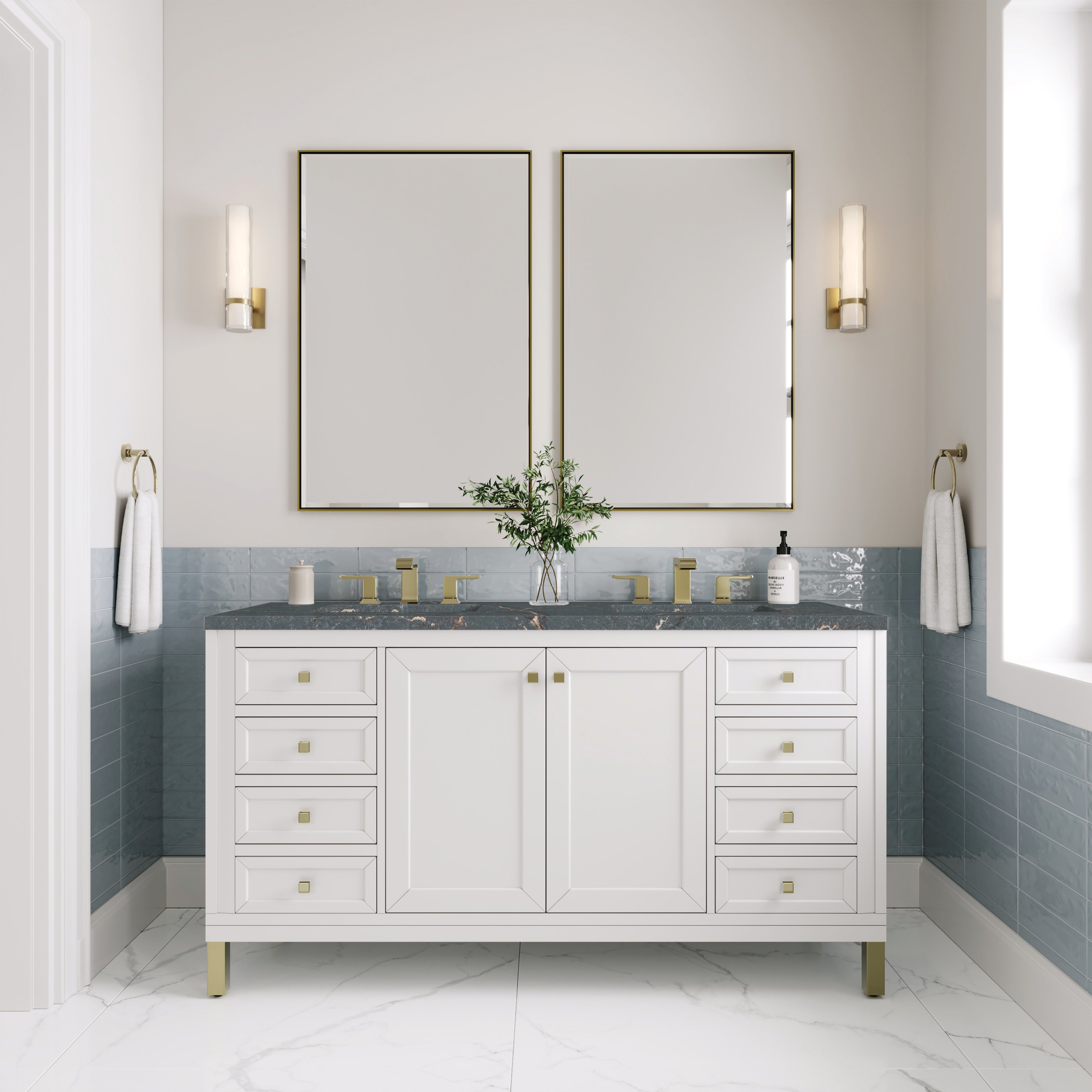 James Martin Chicago 60" Double Vanity in Glossy White with 3cm Countertop and FreePower Wireless Charger