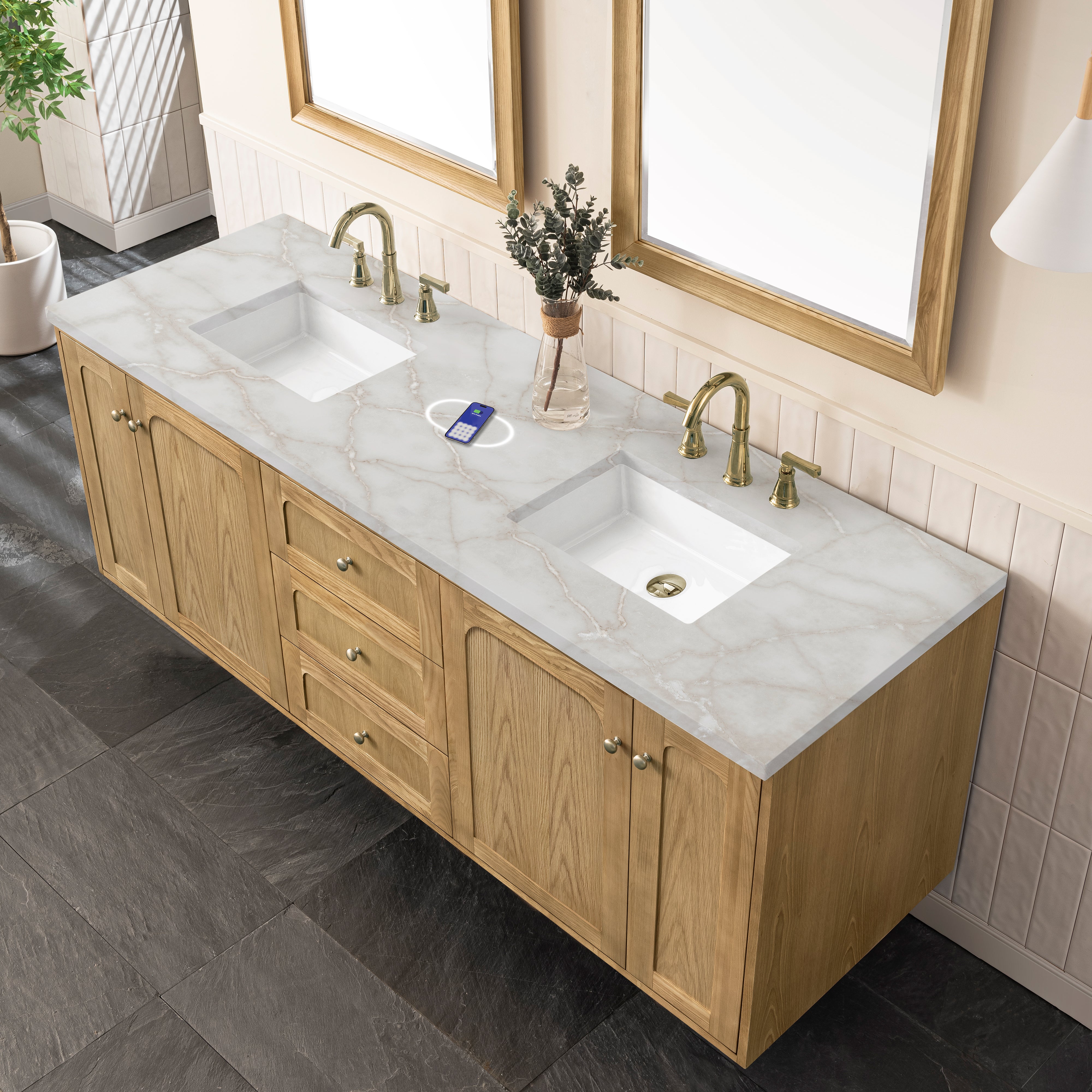 James Martin Laurent 72" Double Vanity in Light Natural Oak with 3cm Countertop and FreePower Wireless Charger