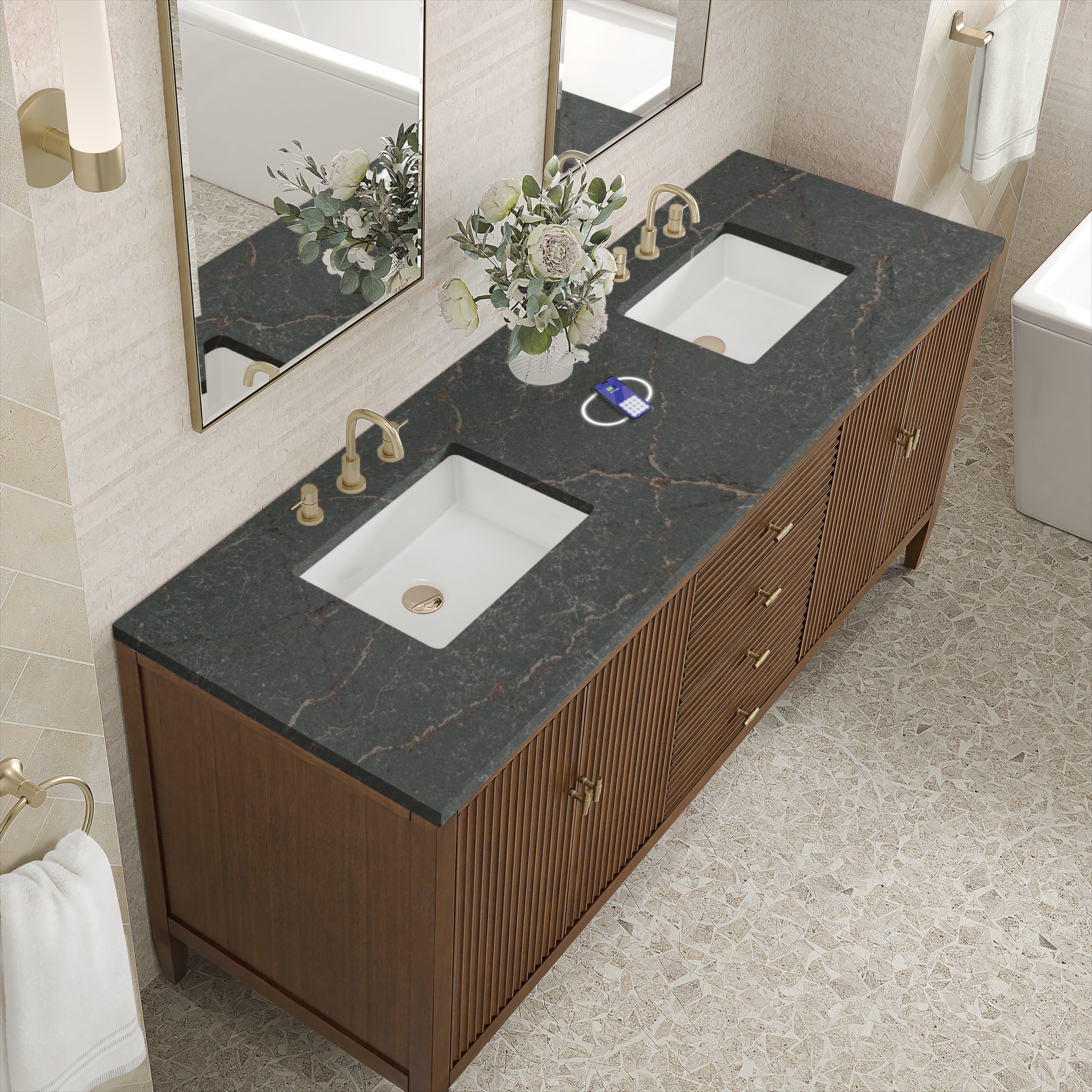 James Martin Myrrin 72" Double Vanity in Mid Century Walnut with 3cm Countertop and FreePower Wireless Charger
