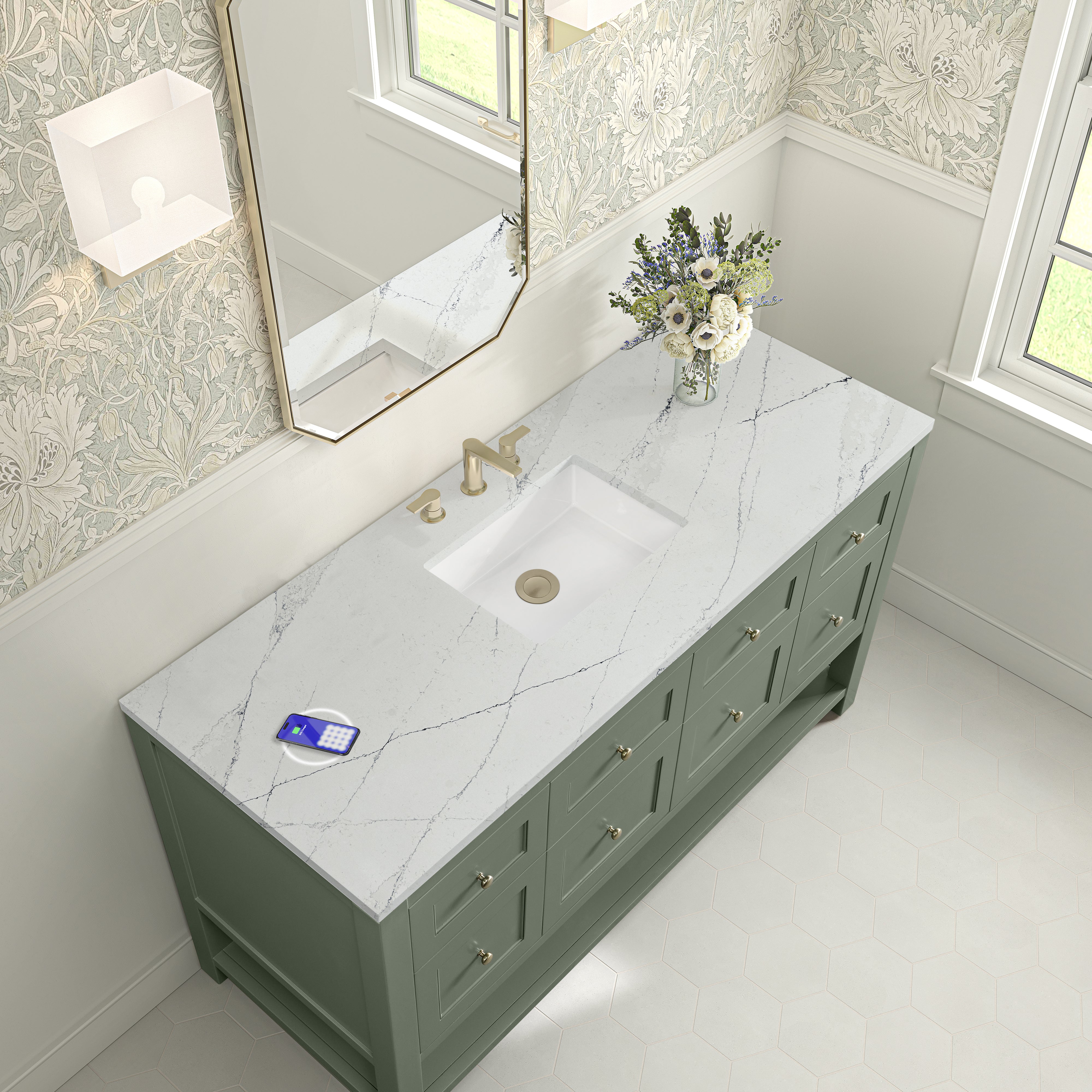 James Martin Breckenridge 60" Single Vanity in Smokey Celadon with 3cm Countertop and FreePower Wireless Charger